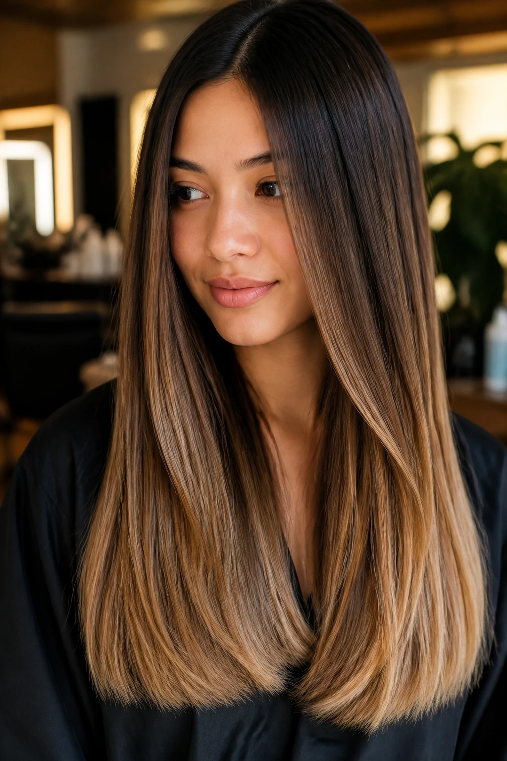 Close-up portrait of a real woman with espresso-to-toffee root melt on long straight hair.