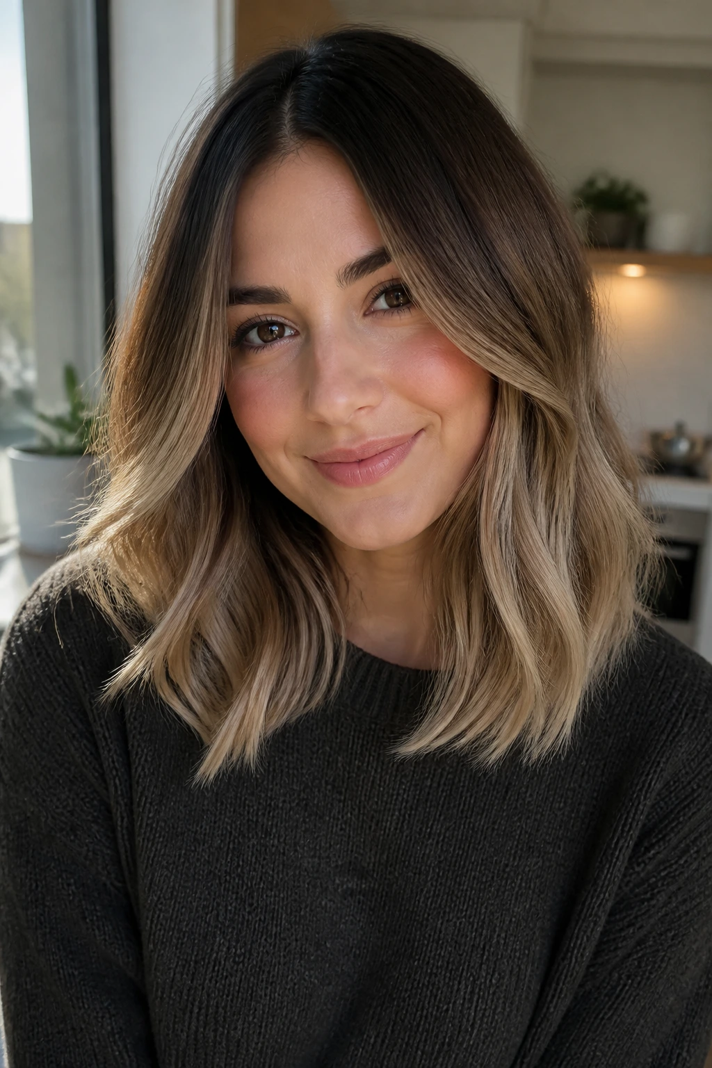 Real person with espresso to vanilla latte ombre in medium-length hair