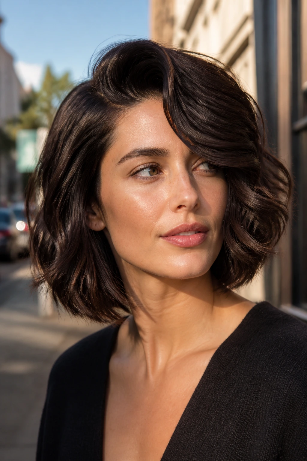 Portrait of a person with an espresso wavy bob and deep side part in outdoor morning light