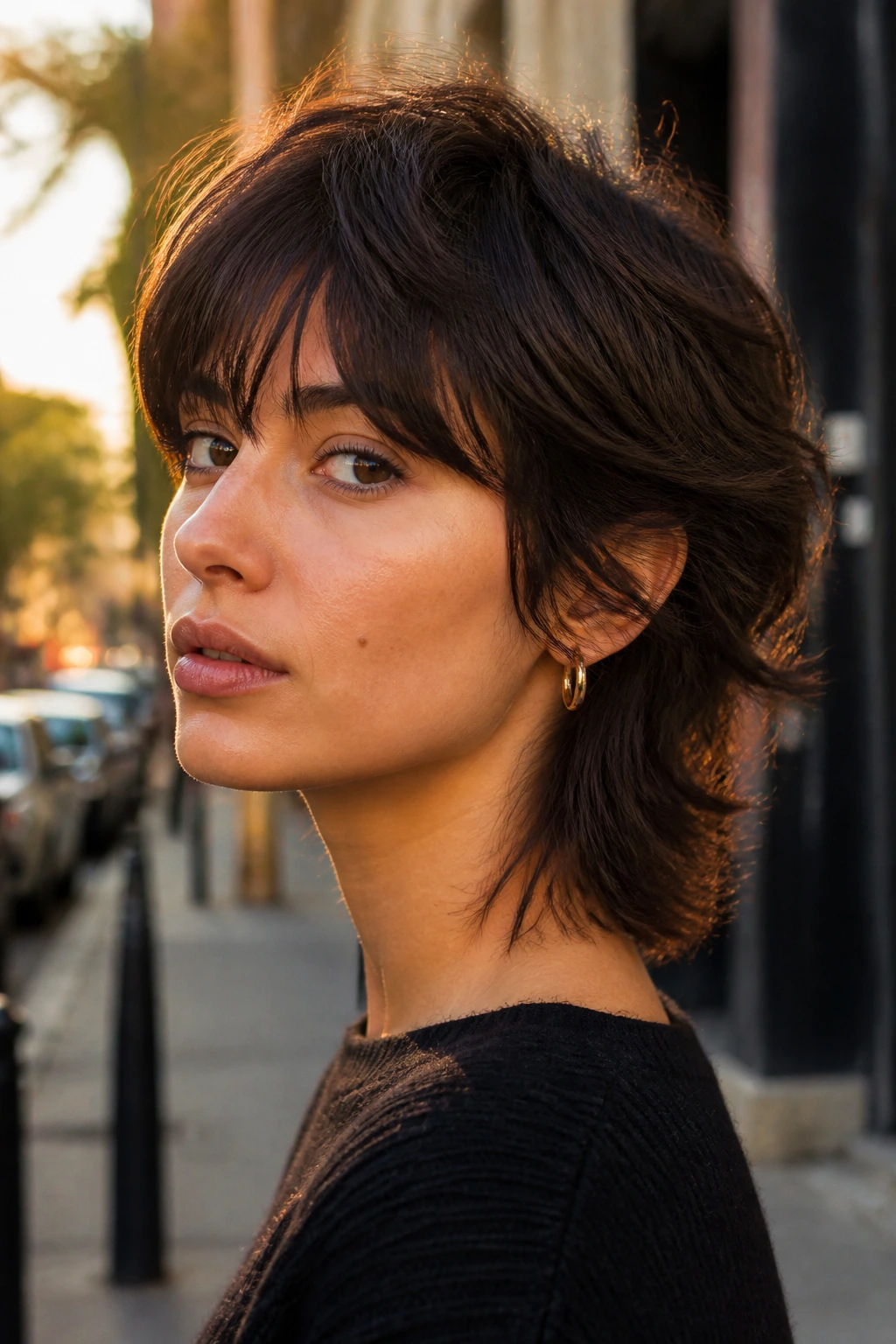 Close-up portrait of a real person with an espresso wolf cut on golden-hour street light