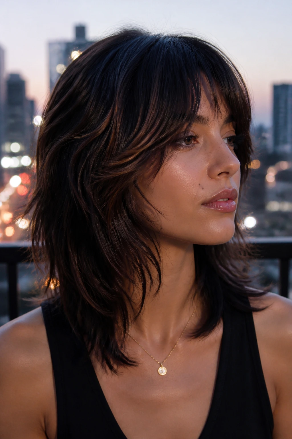 Close-up portrait of a real person with espresso wolf cut and mocha highlights.