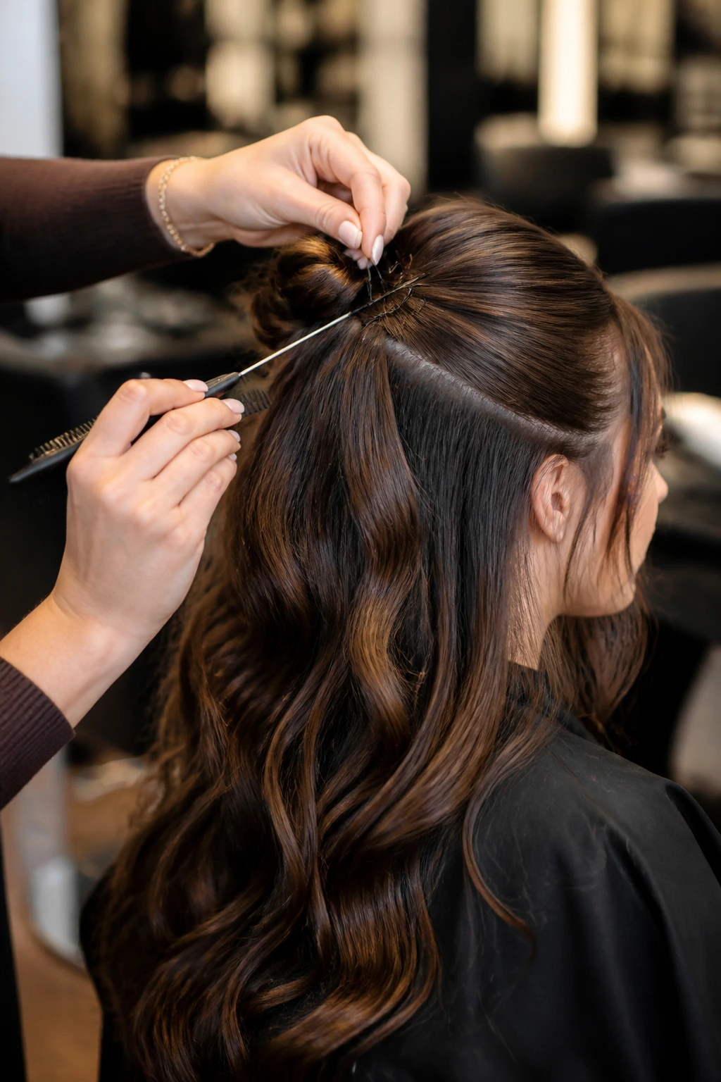 Real person styling hair with tools like tail comb and bobby pins visible.