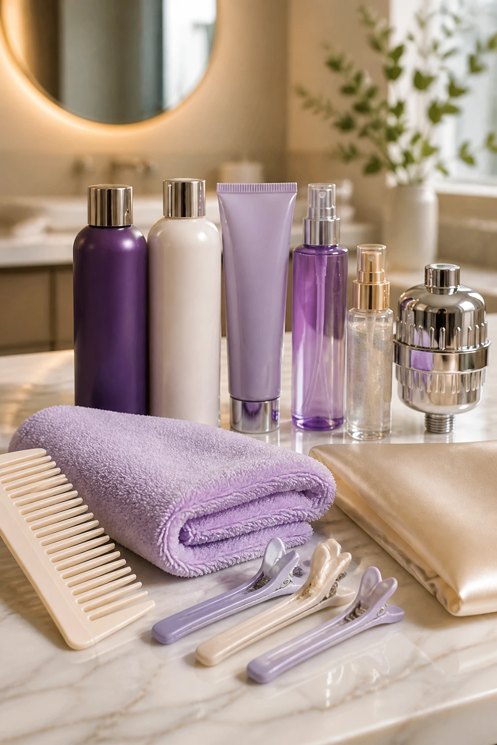 Close-up of essential blonde-care tools on a bathroom counter