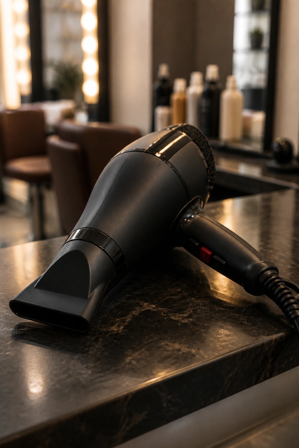 Close-up of a professional blow dryer on a salon counter