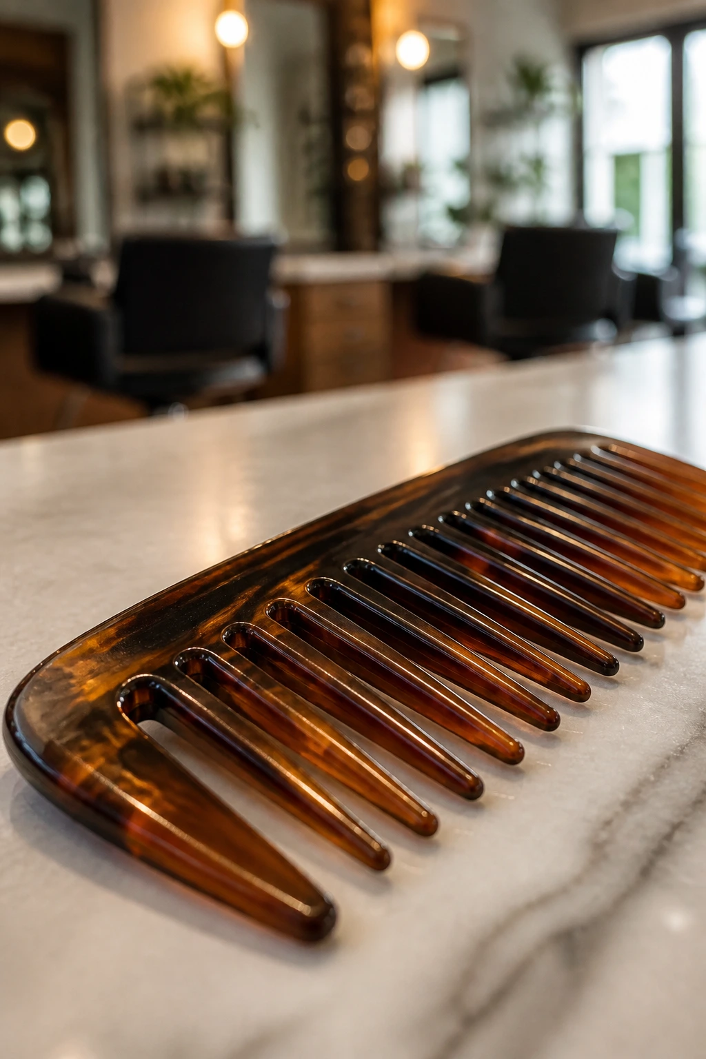 Close-up of a wide-tooth comb on a salon station