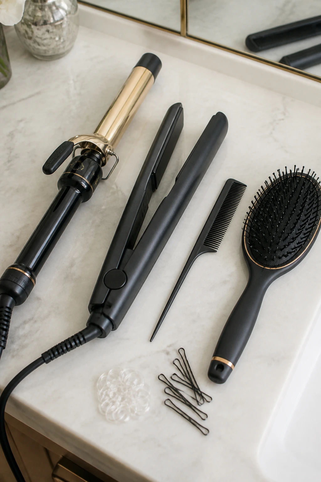 Close-up of essential styling tools arranged neatly on a vanity surface.