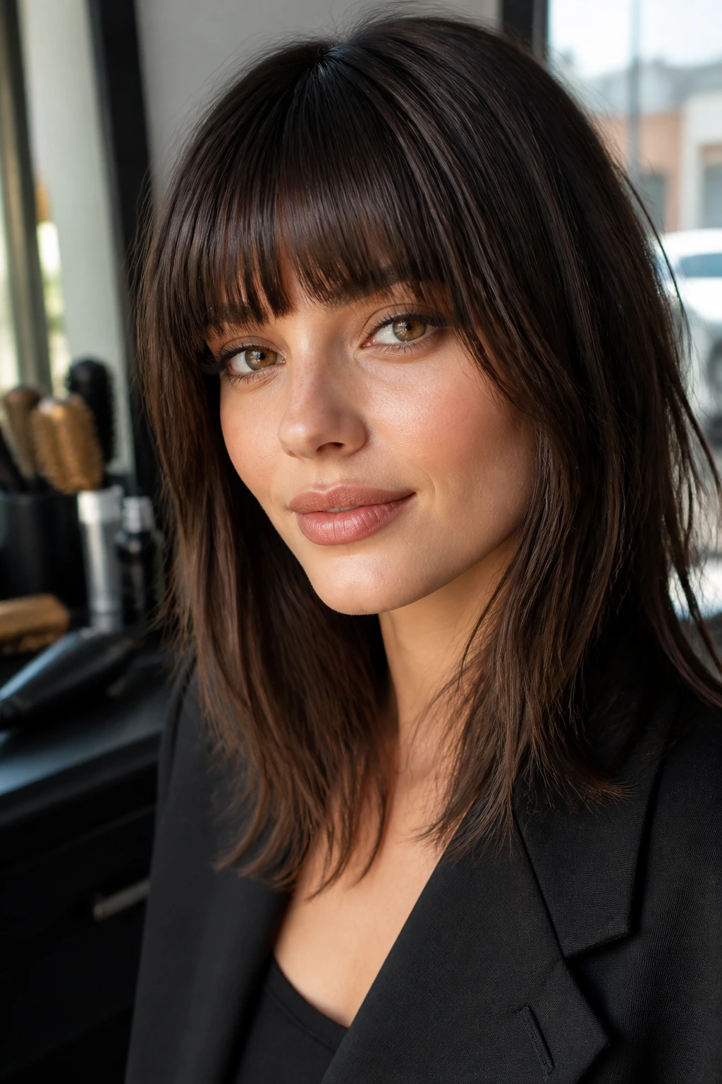 Close-up of real person with square-face bangs and salon background