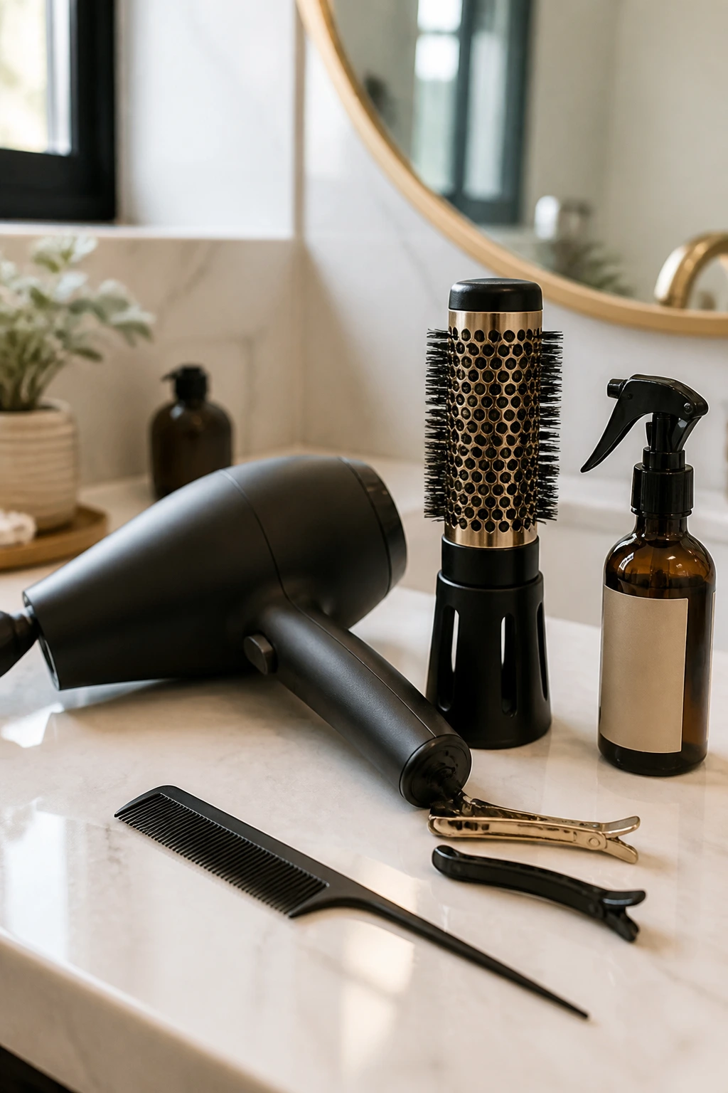 Flat lay of essential tools for styling side bangs on a counter.