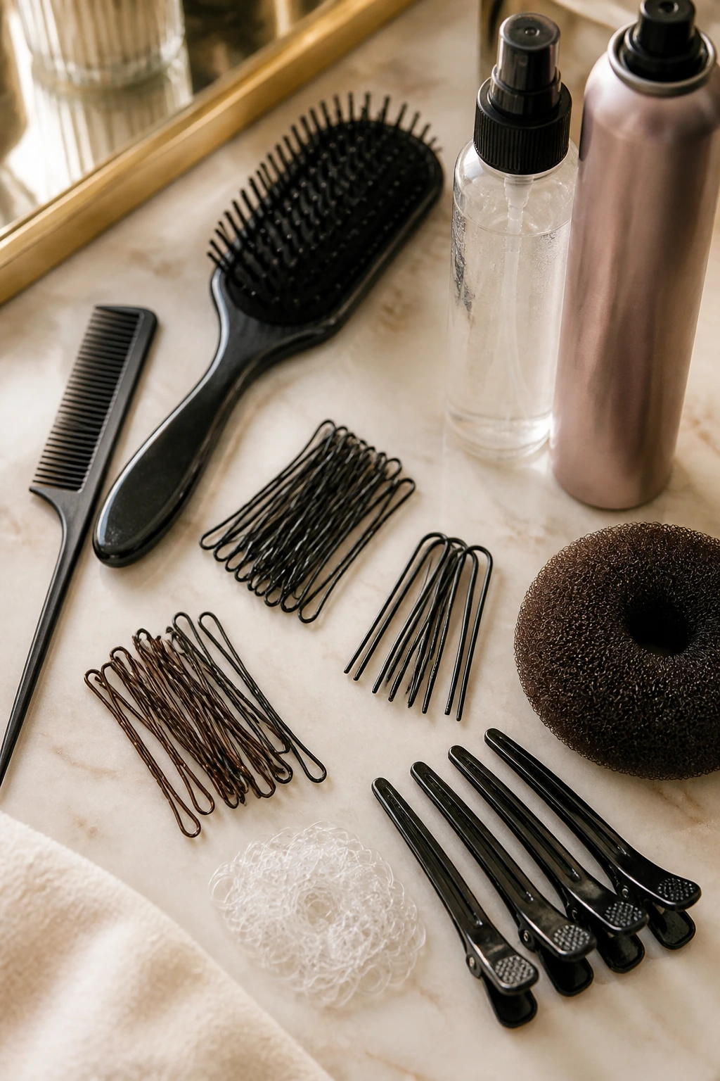 Close-up of essential hair tools for updos arranged neatly on a surface