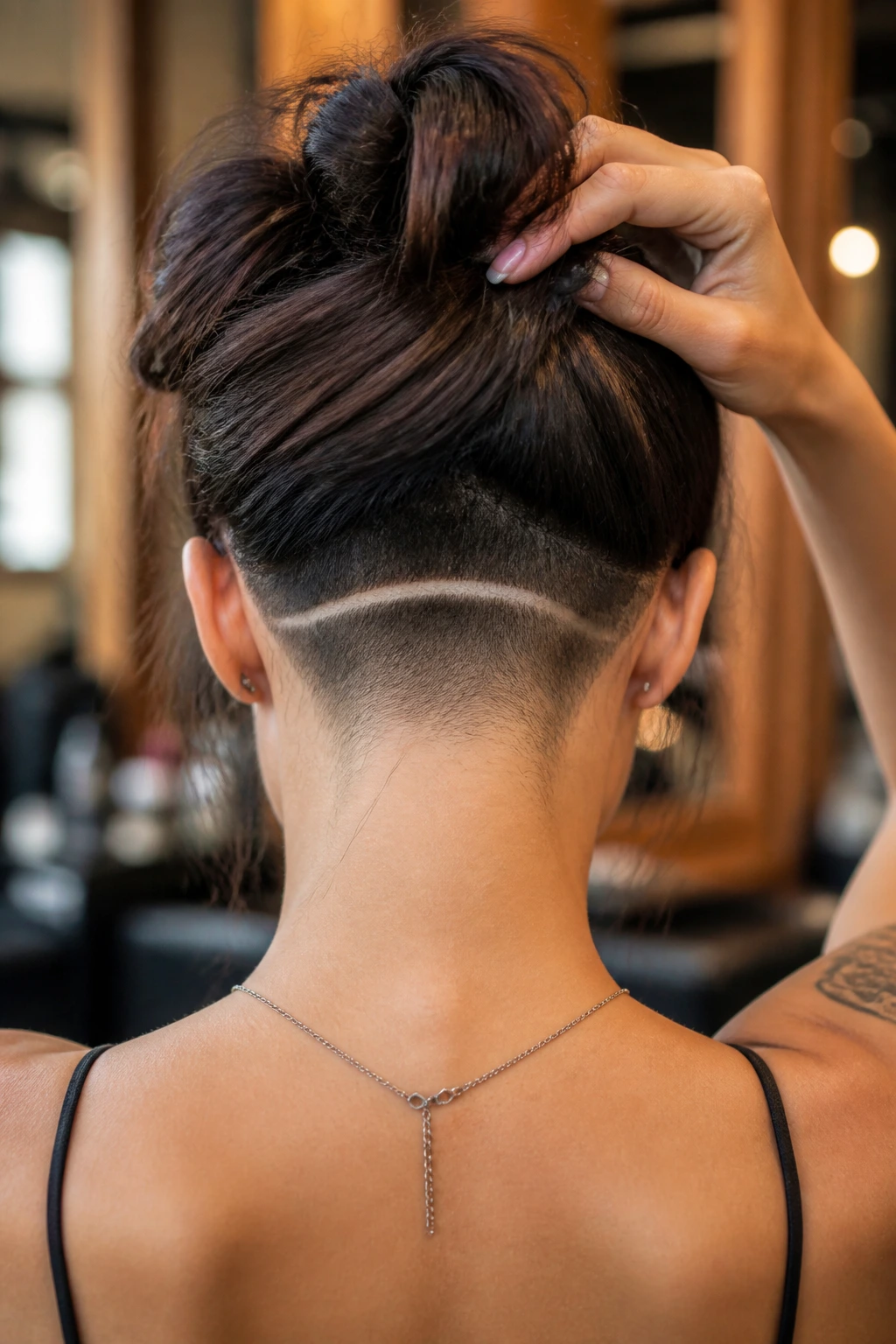 Back view of a woman with etched nape undercut single line design