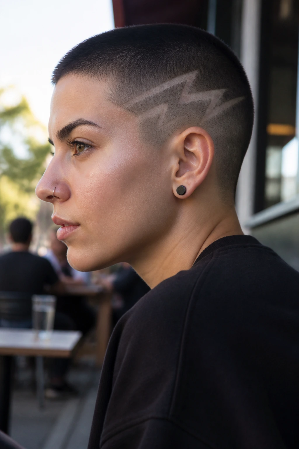 Close-up of a real person with a star or lightning etching on the buzz cut side
