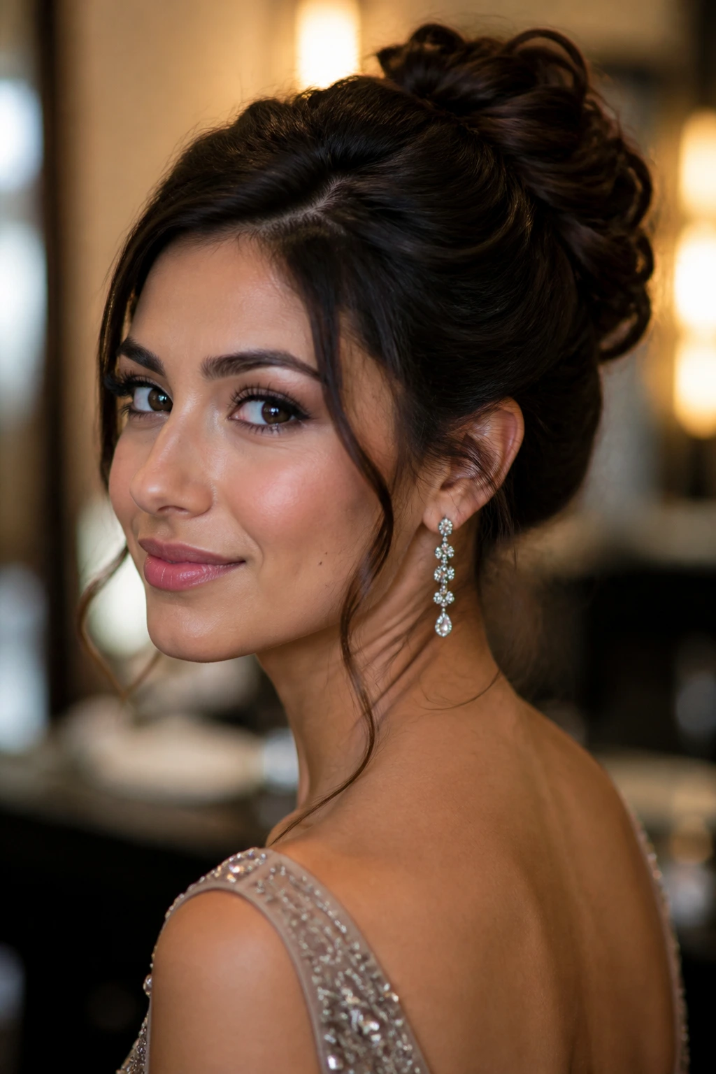 Close-up portrait of a real woman with an elegant updo for an evening event