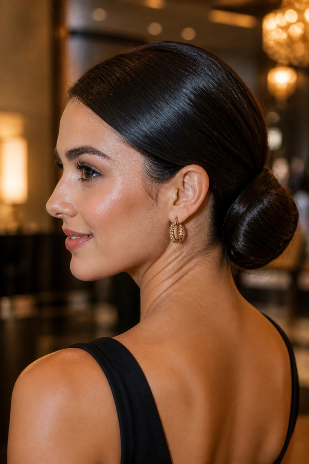 Close-up portrait of a real woman with a sleek low bun silhouette under warm evening light