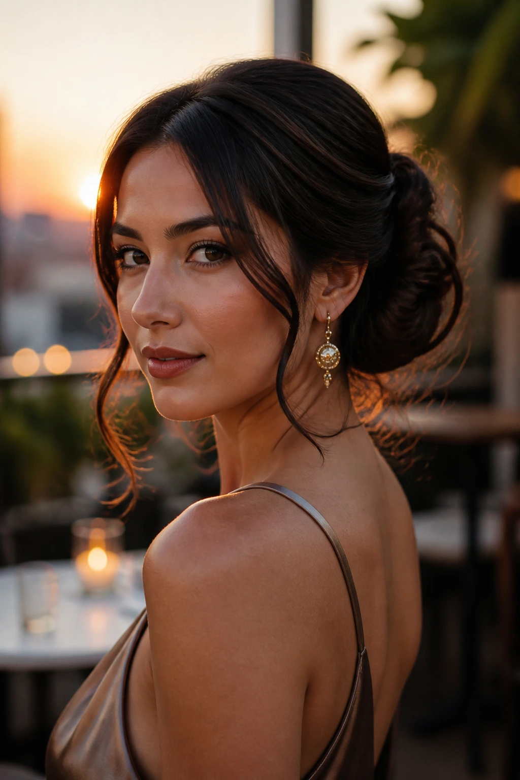 Close-up of a real woman with an elegant evening hairstyle under warm sunset light