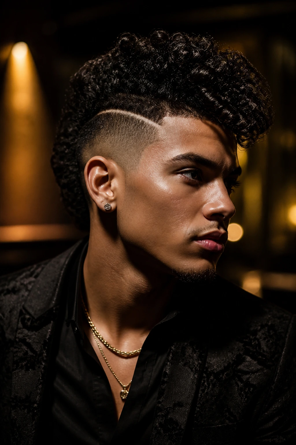Close-up portrait of a real person with a high-drama evening hawk in a dim lounge