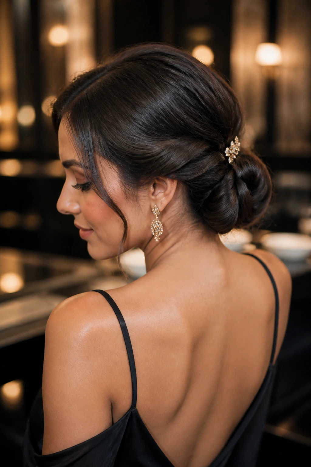 Evening-ready low bun with texture and twist on a real person