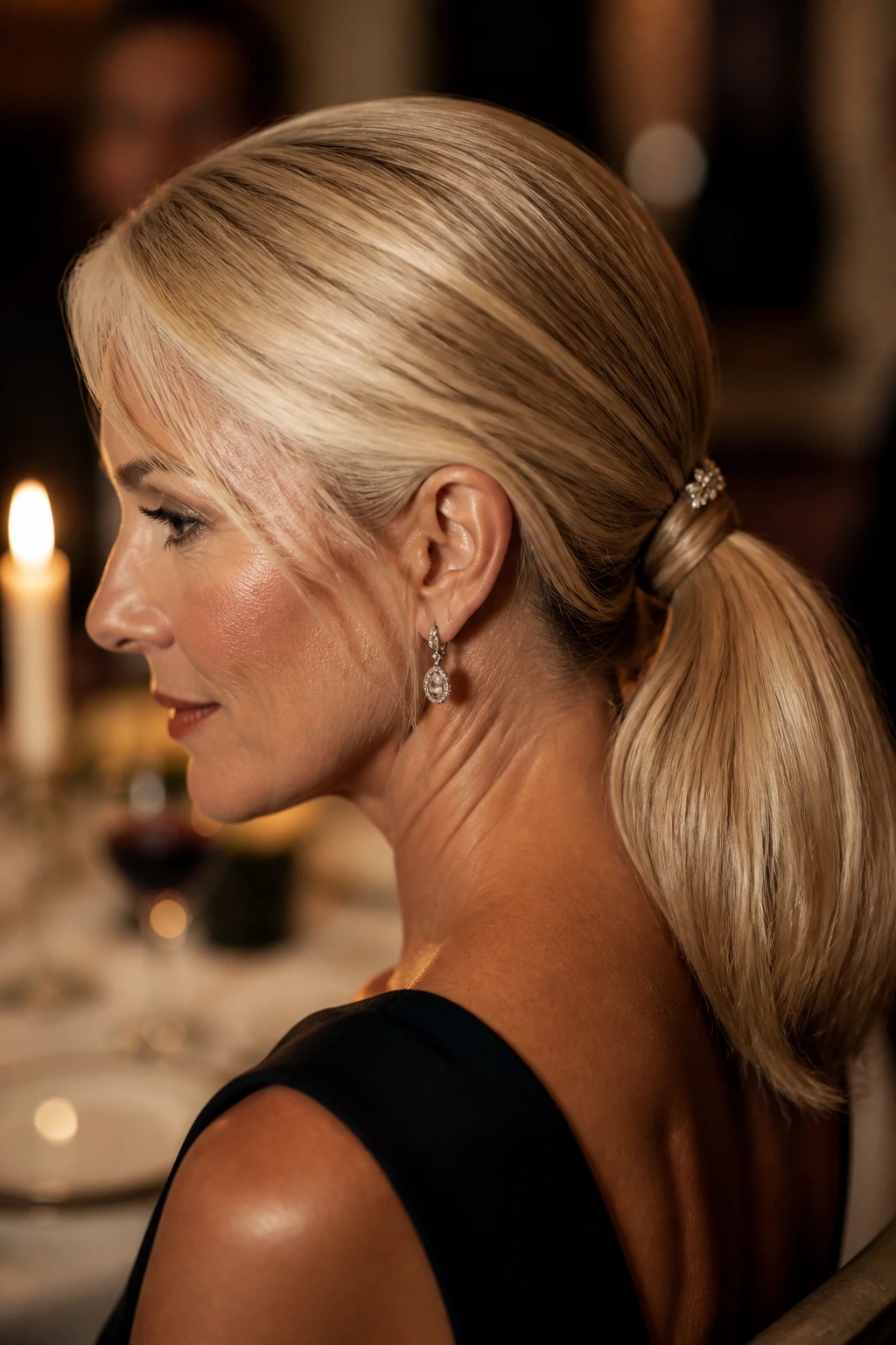Close-up of an evening wrapped ponytail with wrap strand and pin