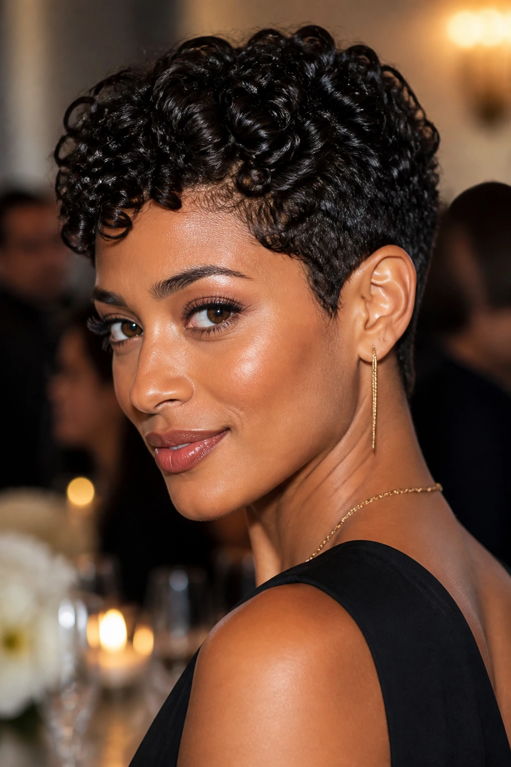 Real person with event-ready curly pixie in formal setting