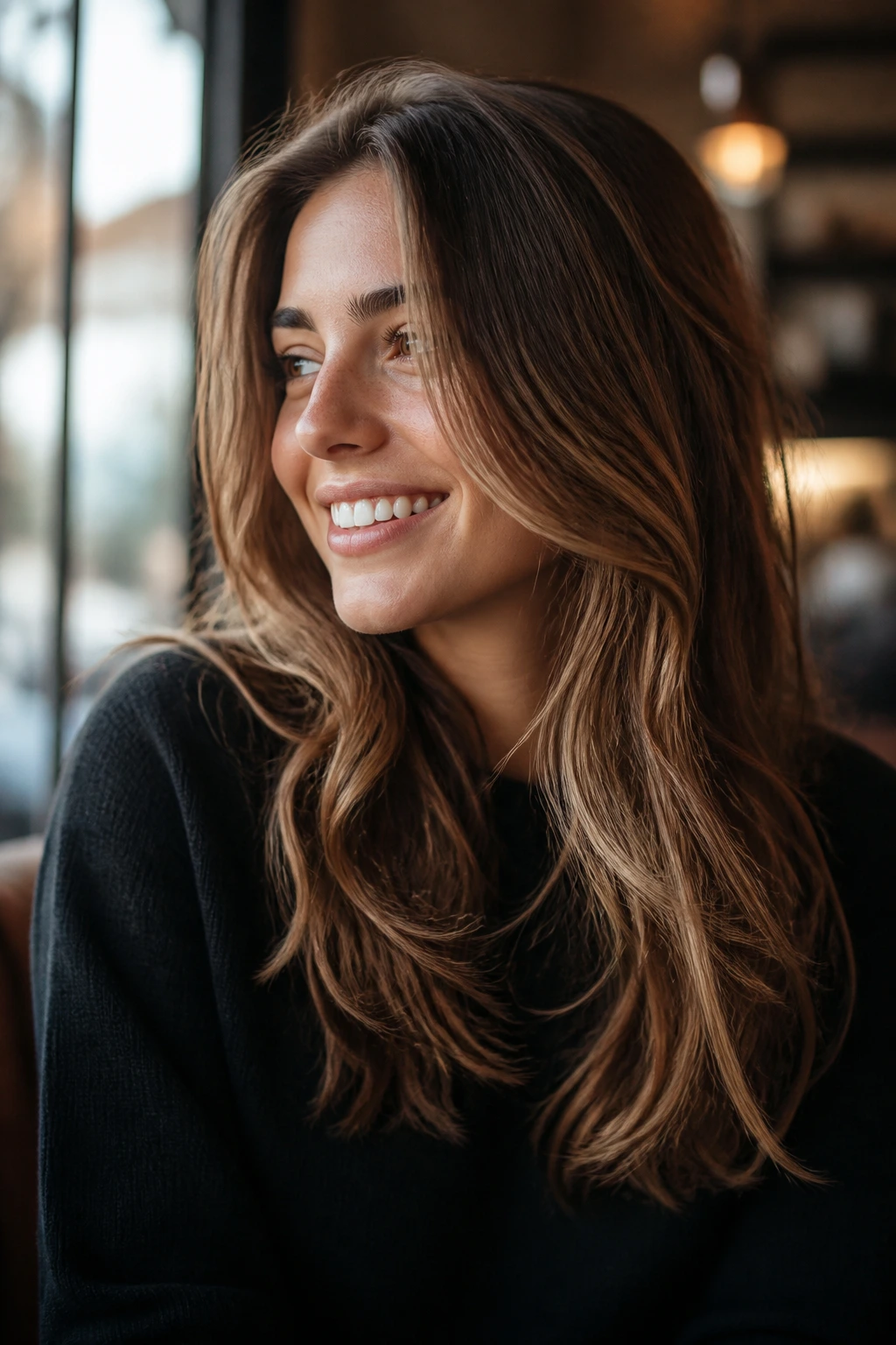 Real person wearing everyday balayage hairstyle in a cozy cafe