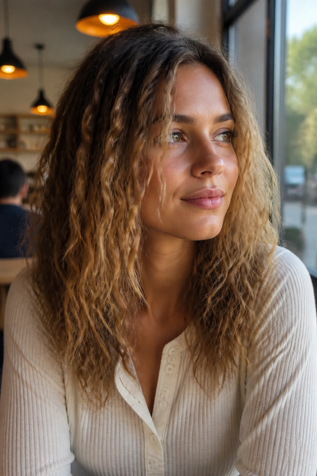 Real woman with everyday crimped hairstyle in natural light.