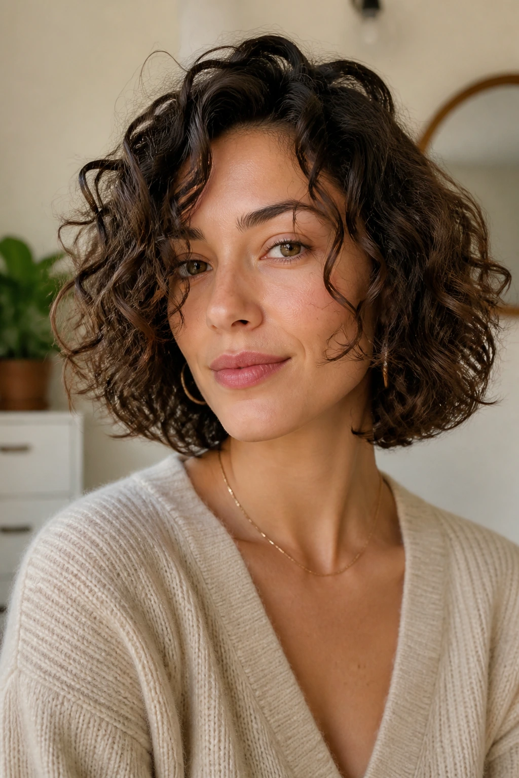 Real woman with everyday curly bob style in home setting