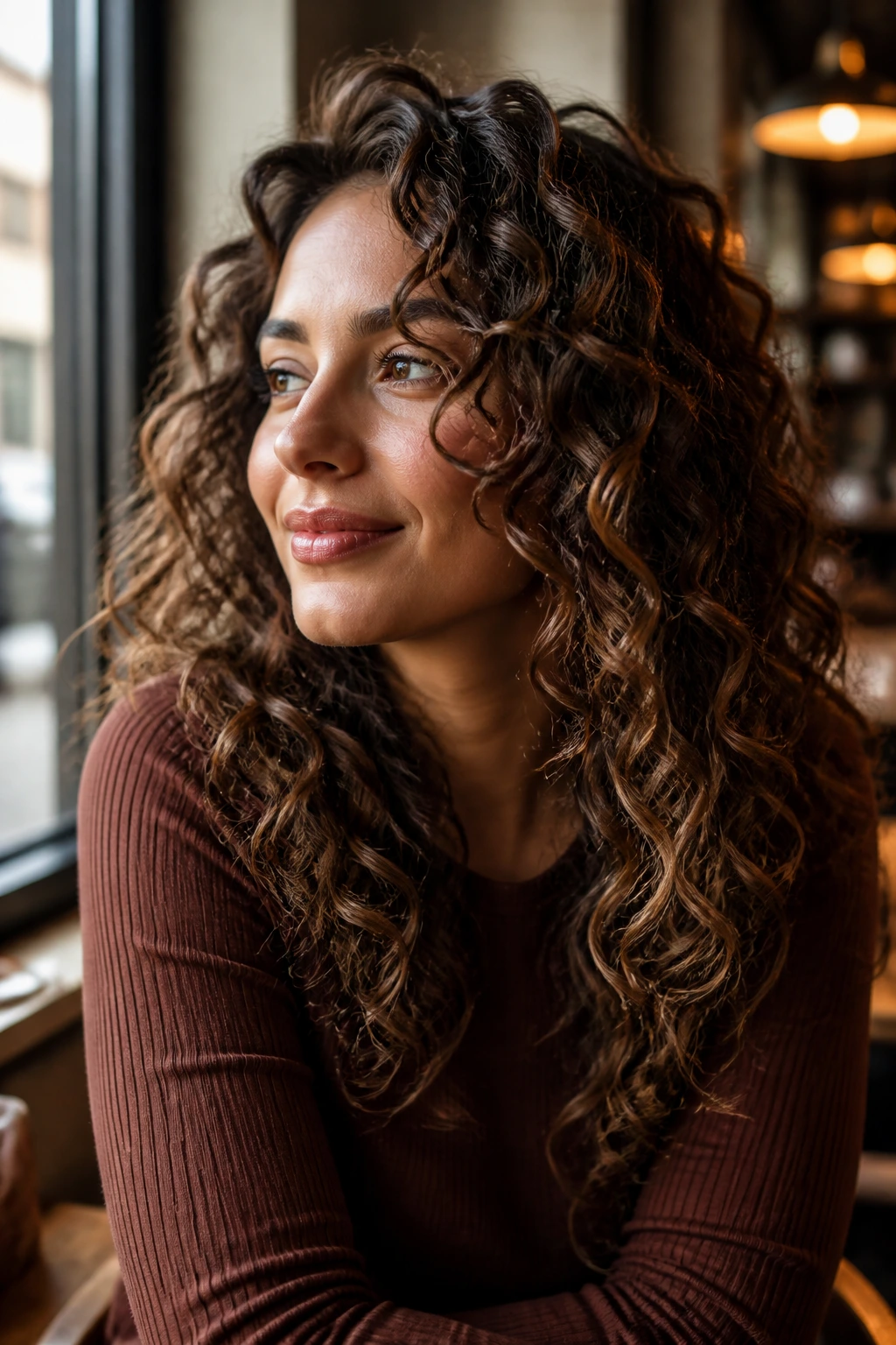 Close-up of a woman with loose defined curly brunette look