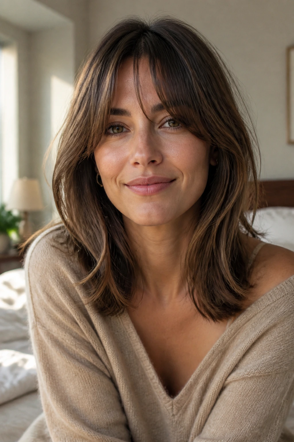Close-up portrait of a real woman with soft, everyday fringe framing her face in warm morning light
