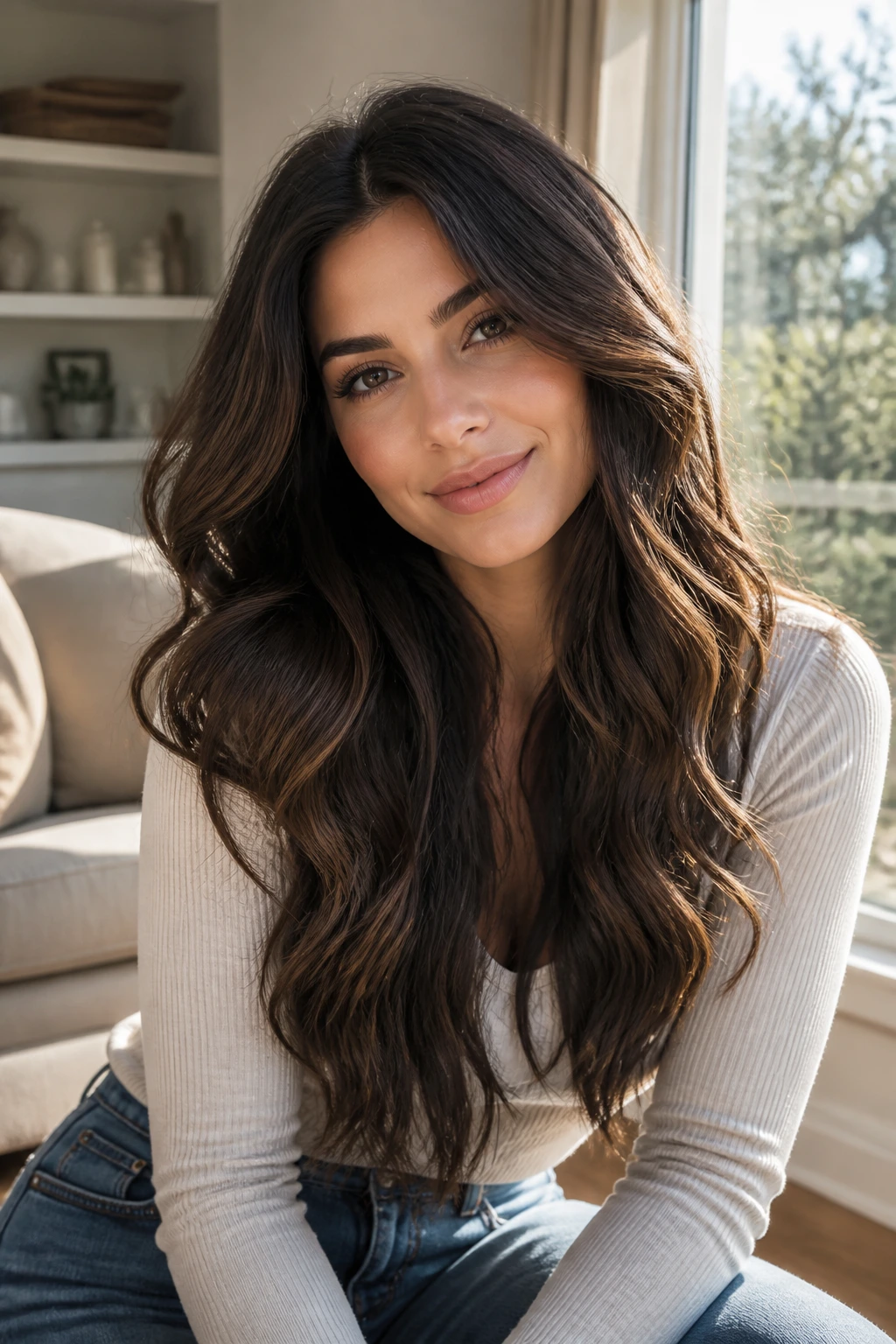 Portrait of a real person with long thick brunette hair in loose waves