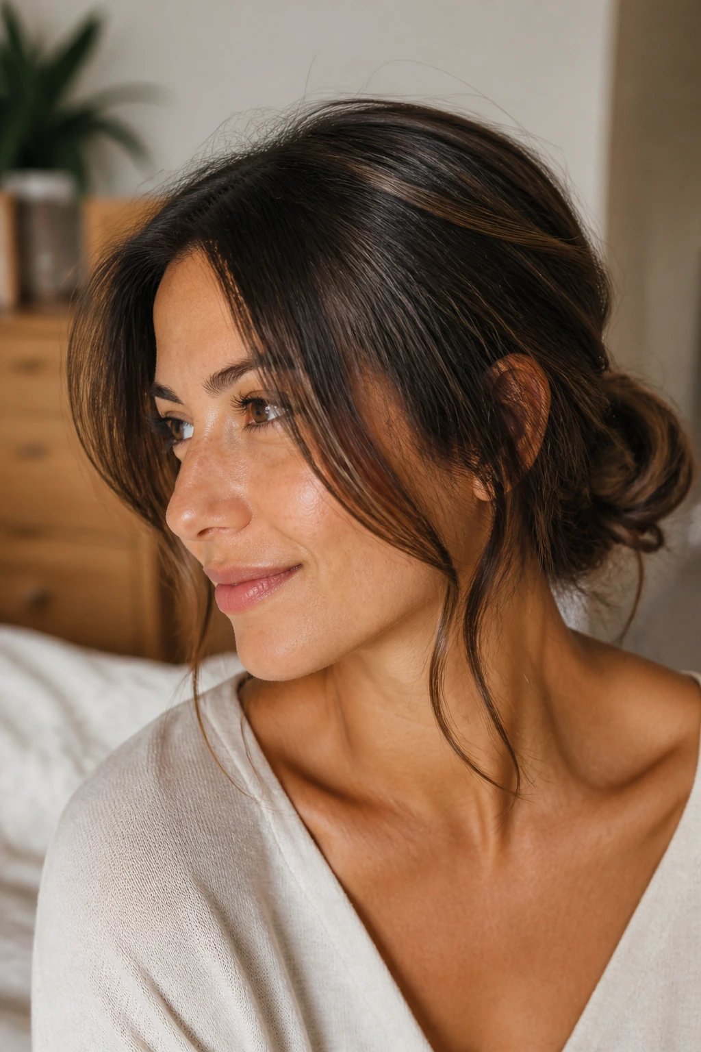 Close-up of a person with a simple everyday hairstyle in a cozy home setting