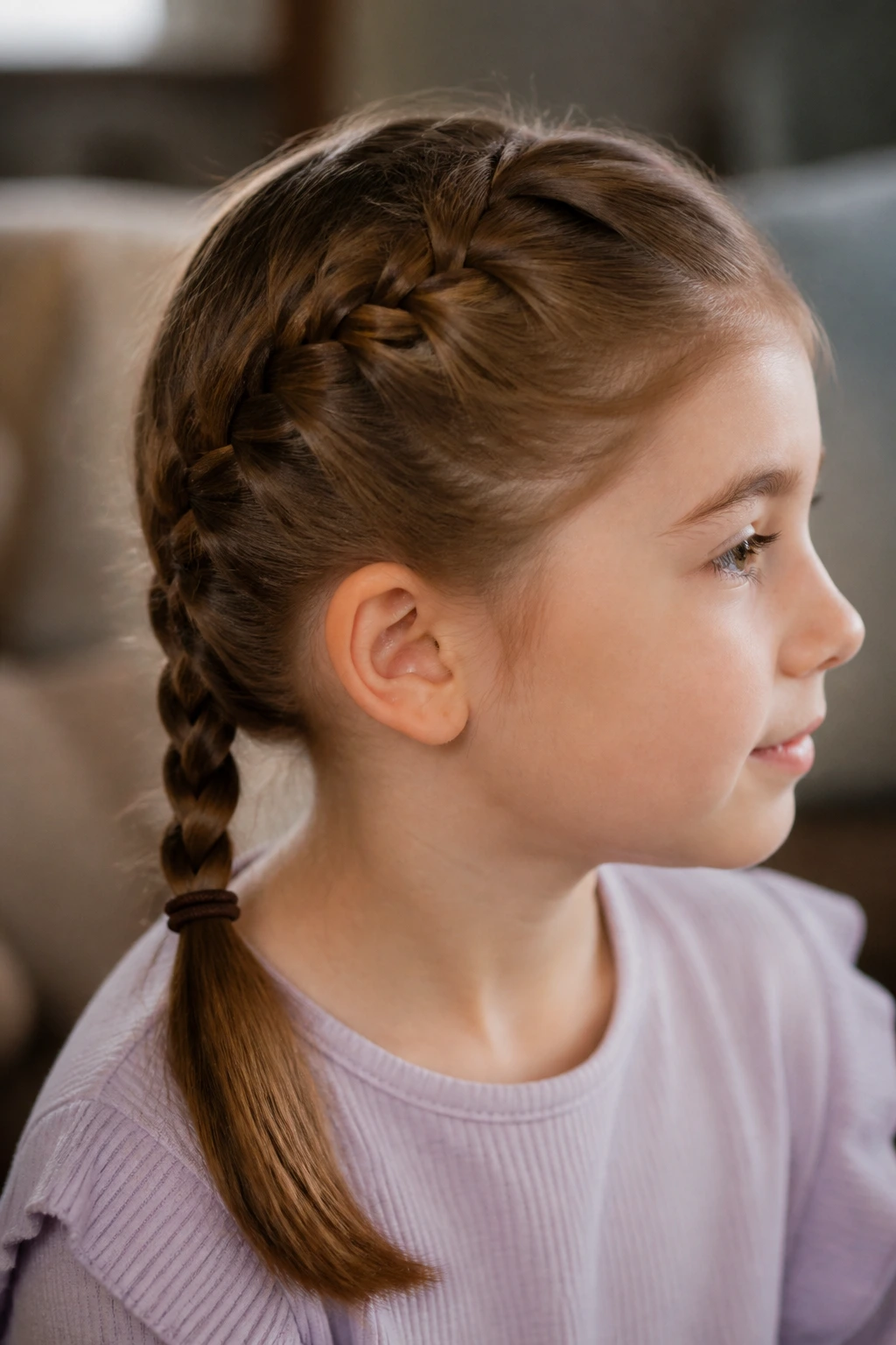 Close-up of a child with an everyday hairstyle in a cozy home setting