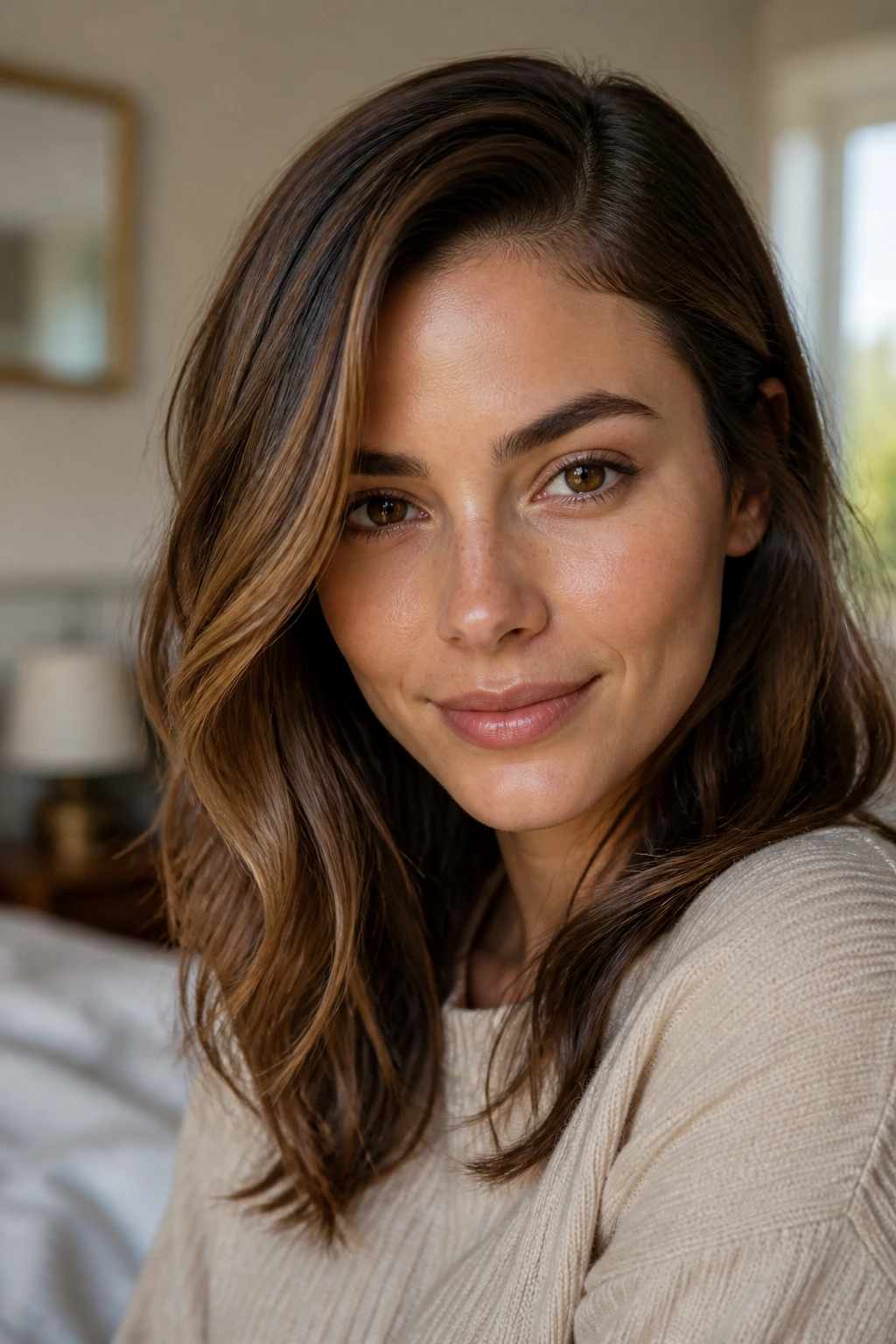 Close-up of a real woman with a polished everyday hairstyle in a sunlit bedroom