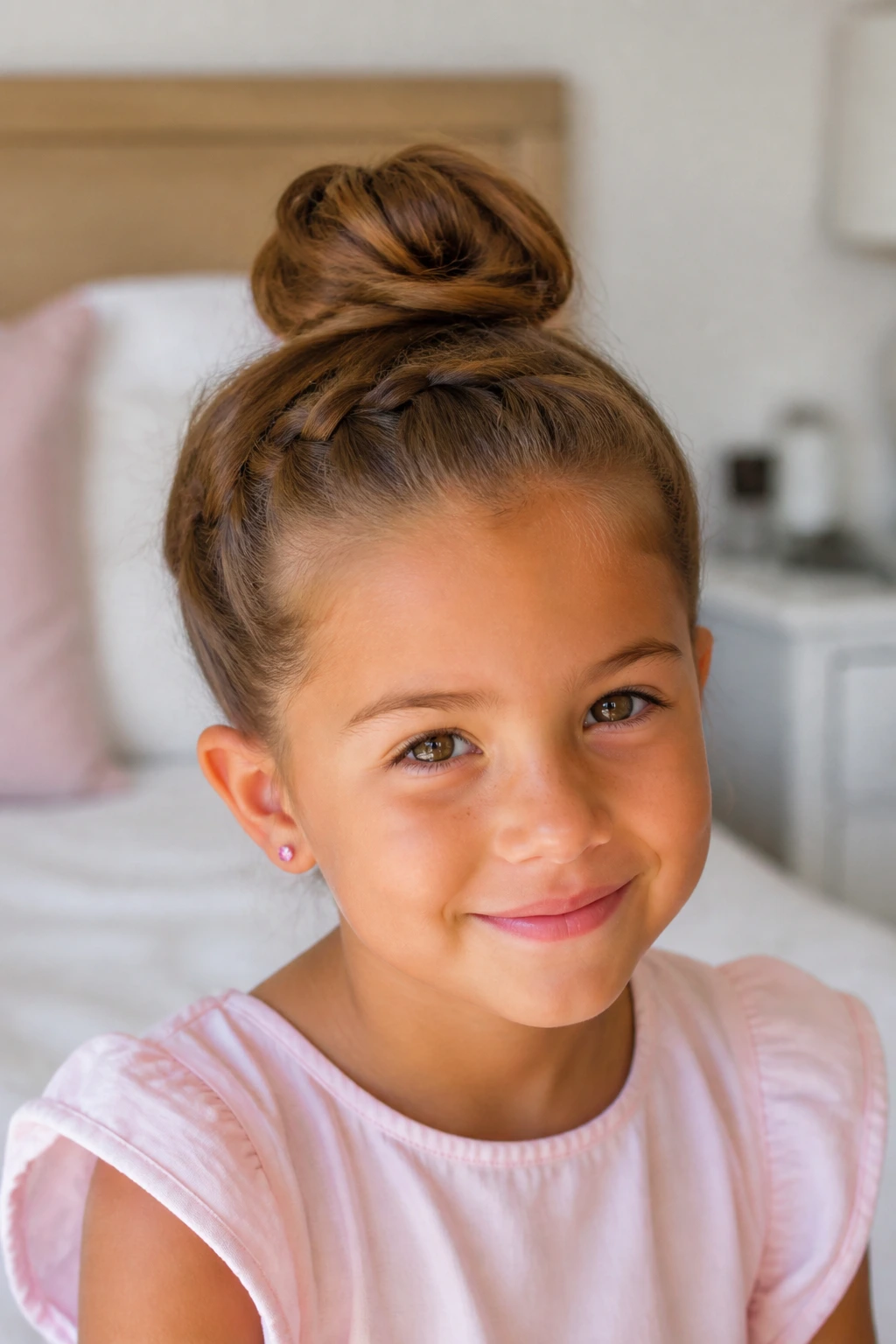 Close-up portrait of a child with a neat, everyday hairstyle under natural window light