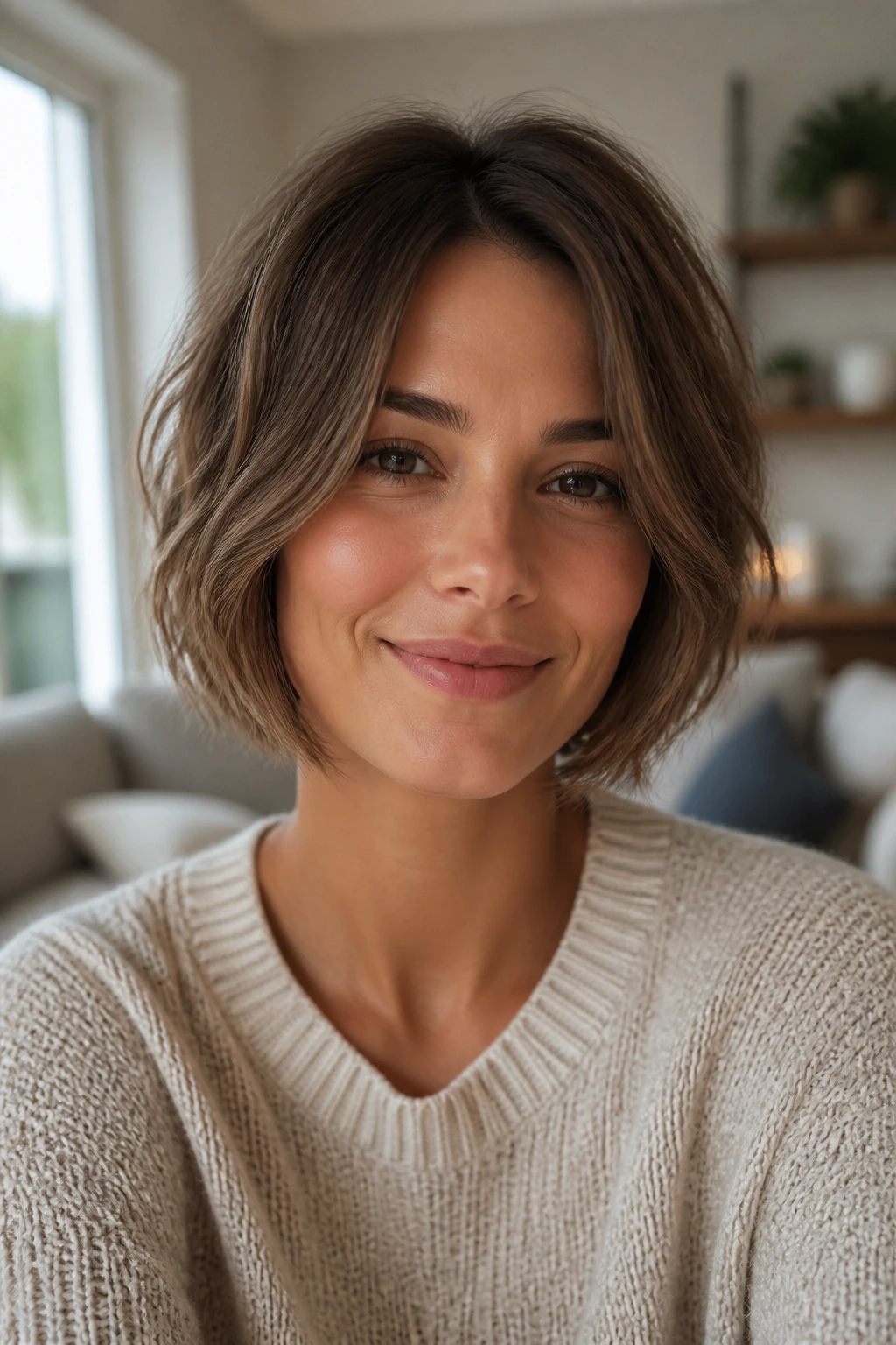 Real woman wearing a layered bob in everyday styling.