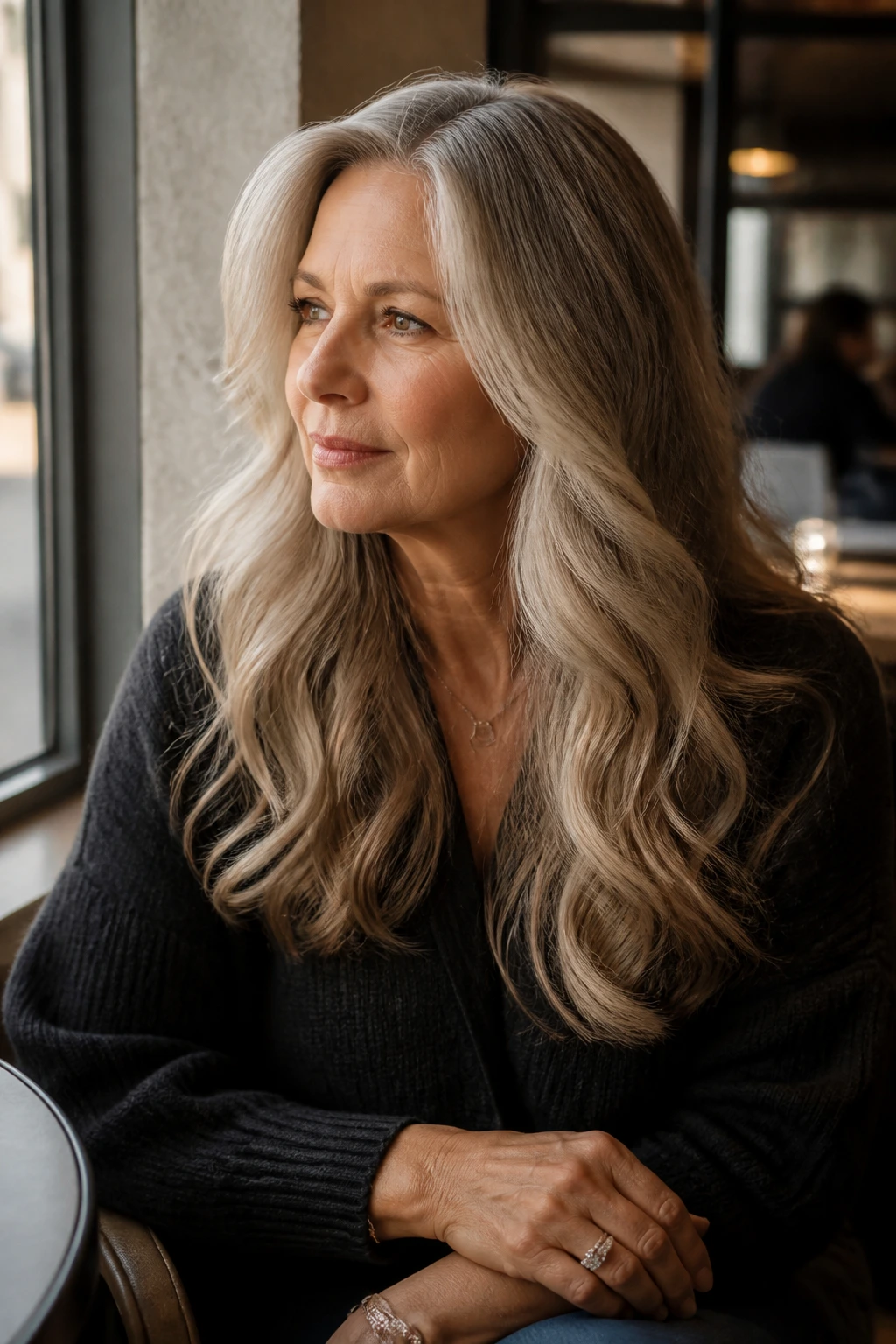 Real woman with everyday long-hair look in daylight at a cafe window