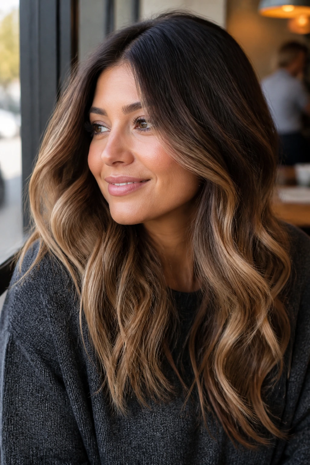 Woman with everyday ombre hair in soft waves at a cafe