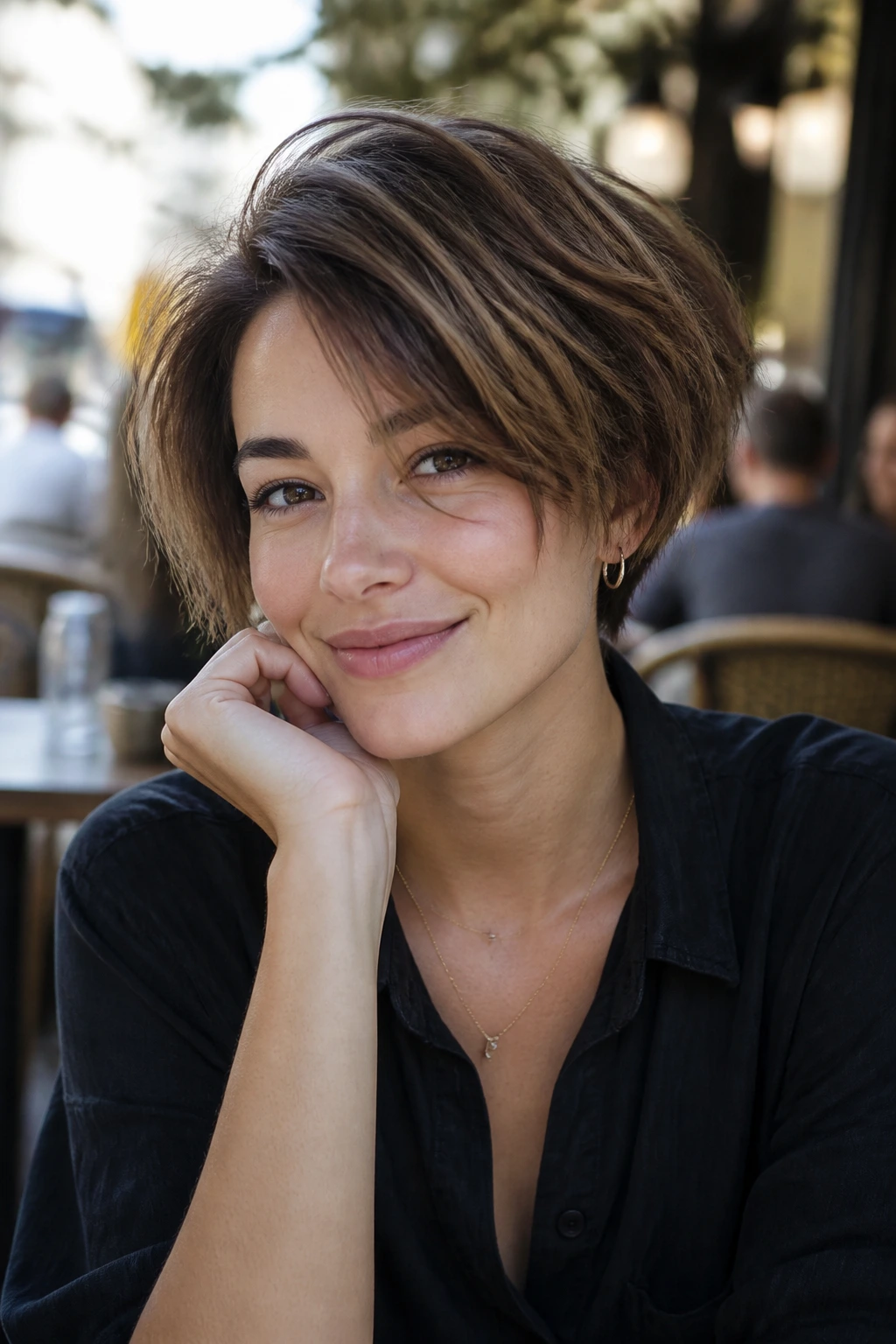 Real person wearing pixie bob in outdoor cafe lighting