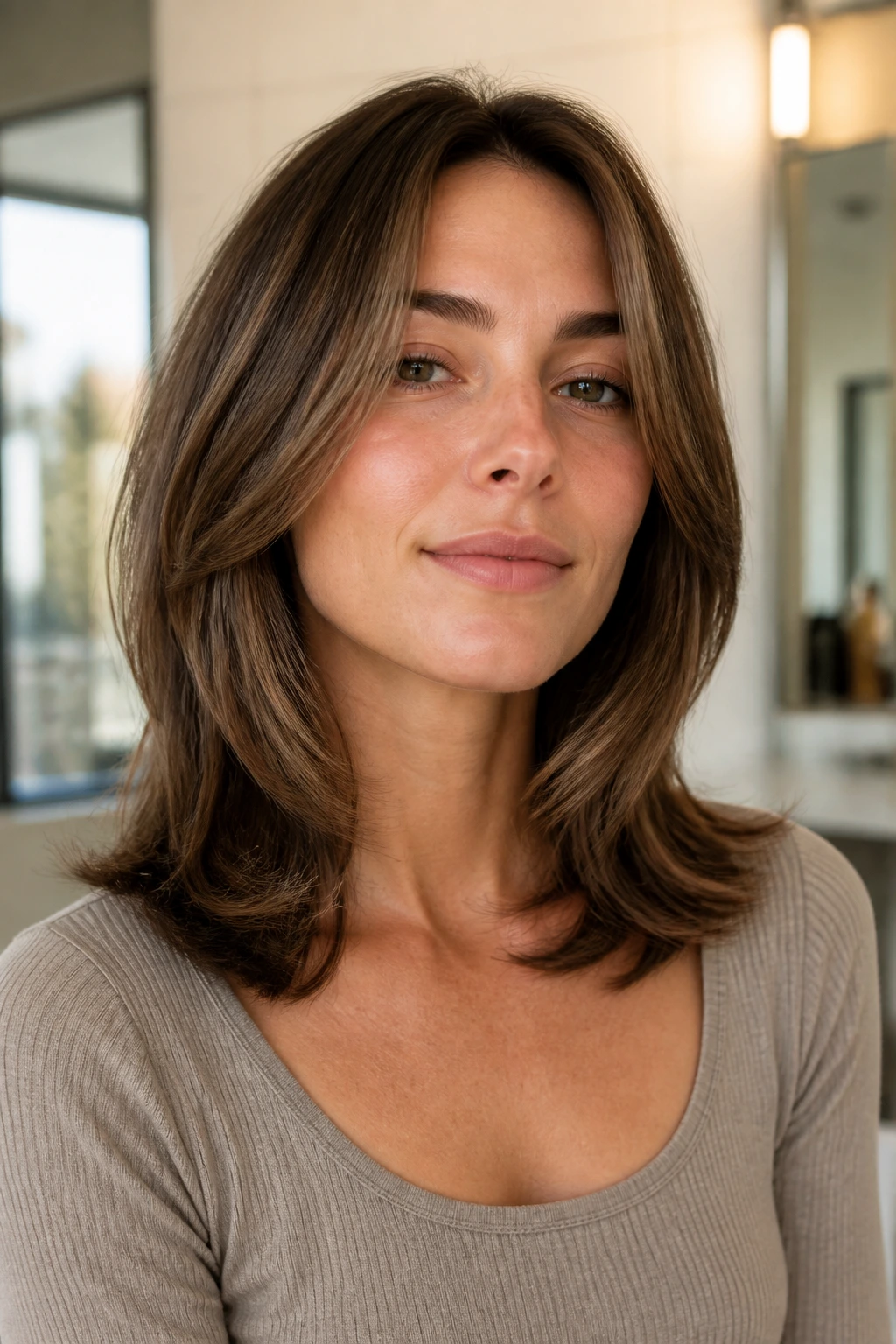 Real woman with everyday polish layers at collarbone length in natural light