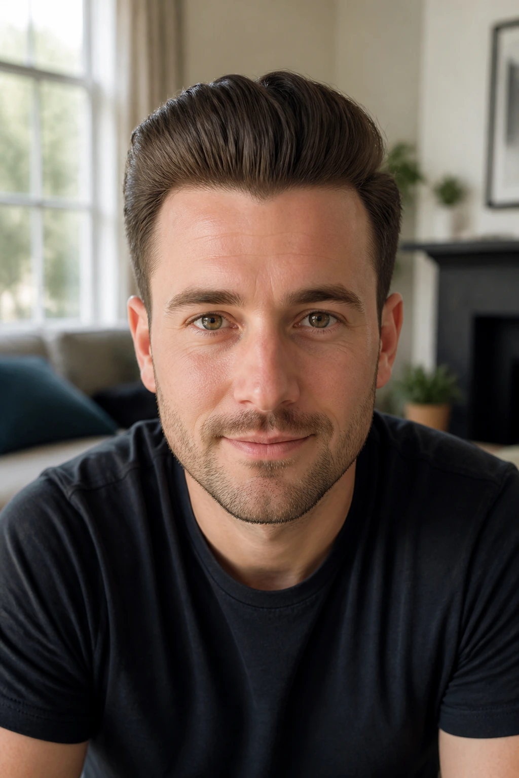 Close-up portrait of a man with a moderate everyday pompadour in a cozy room.