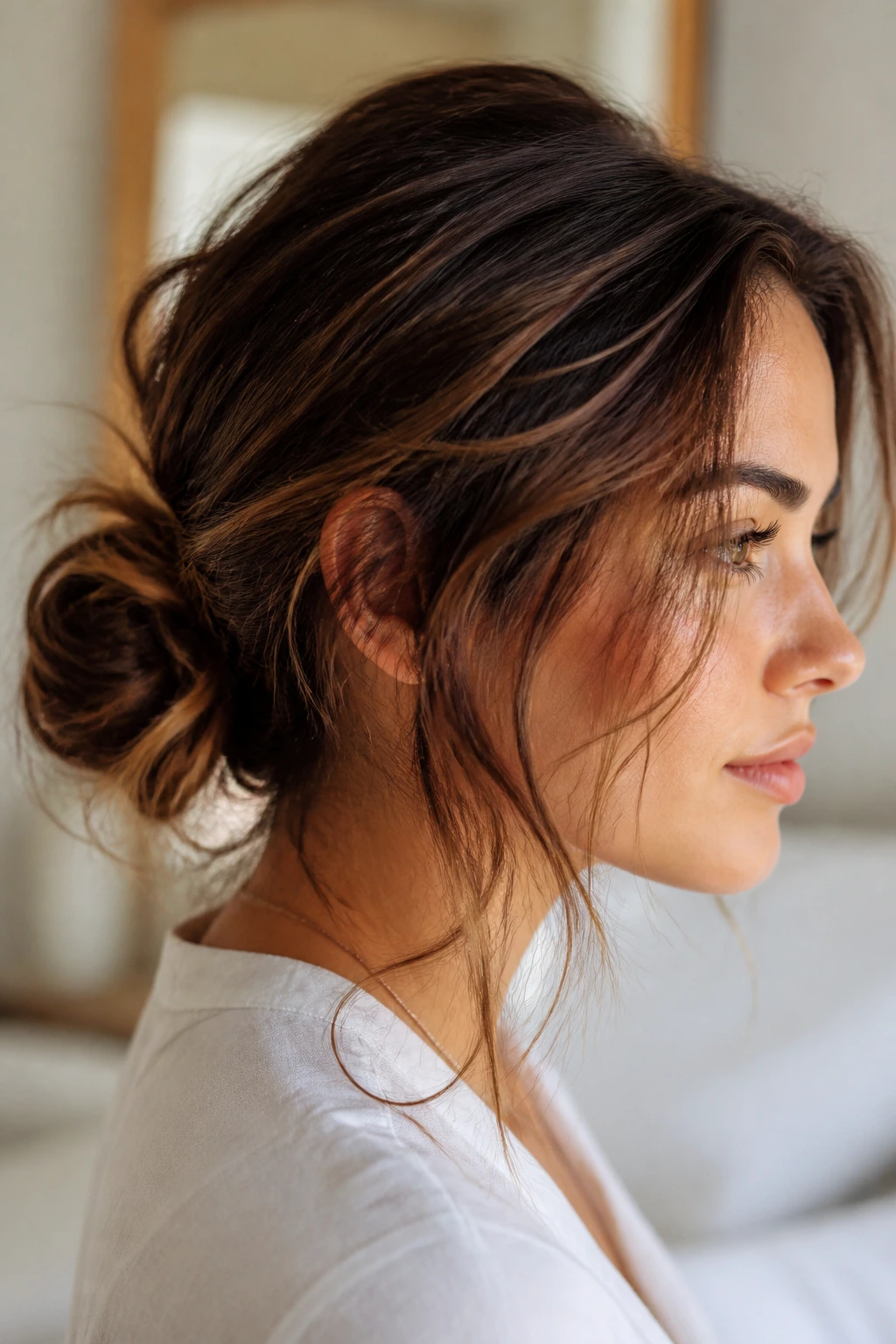 Close-up of a real woman wearing an everyday rescue bun with loose strands