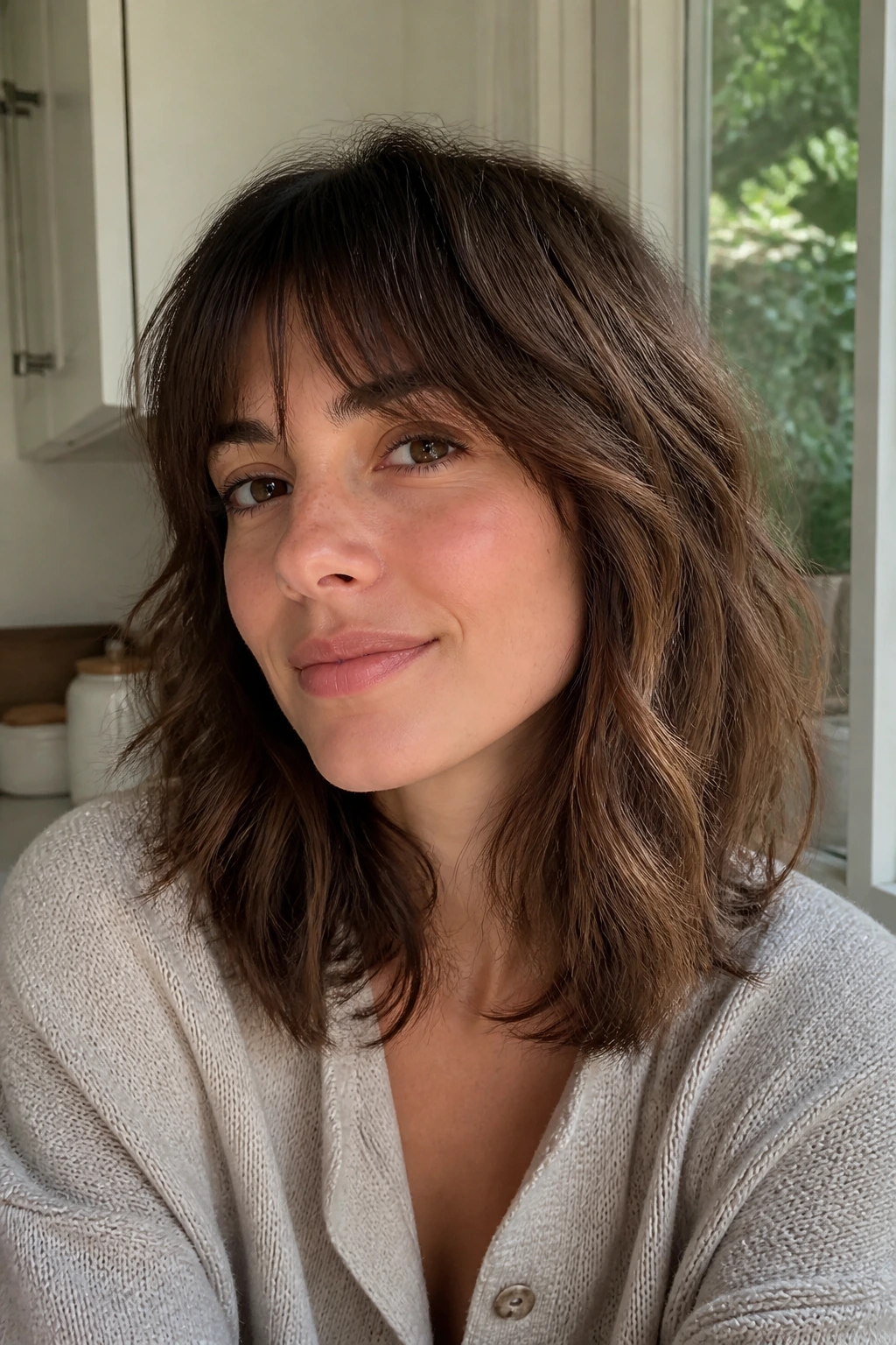 Close-up portrait of a real woman with everyday low-maintenance shag showing medium-length layers