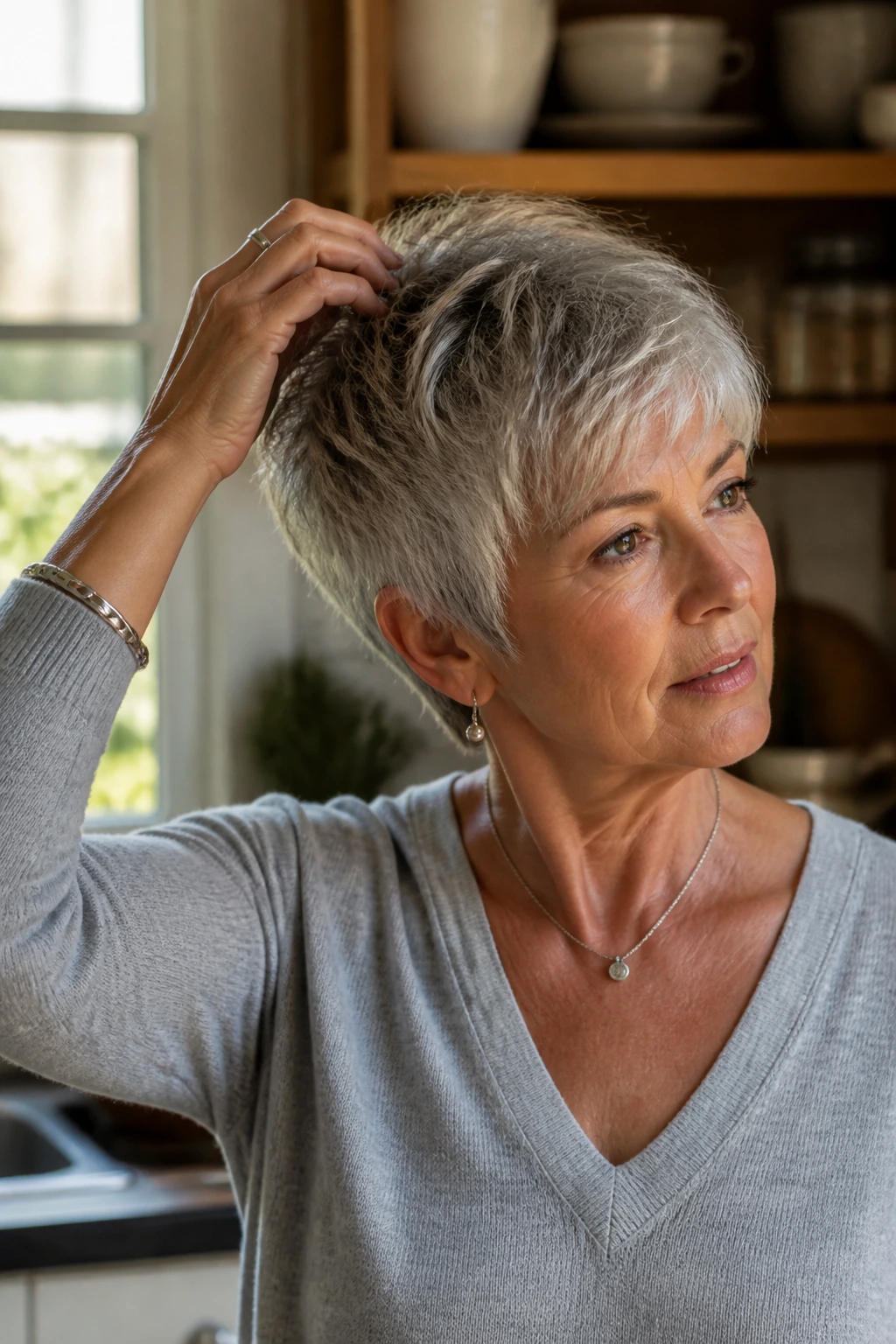 Woman with short haircut adjusting her crown in a sunlit kitchen.