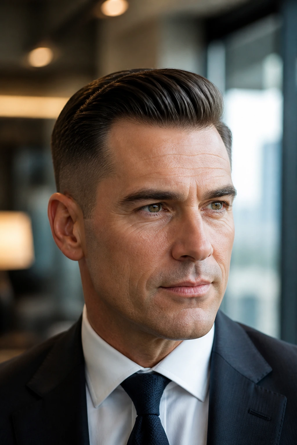 Close-up of real man with executive contour haircut under office lighting