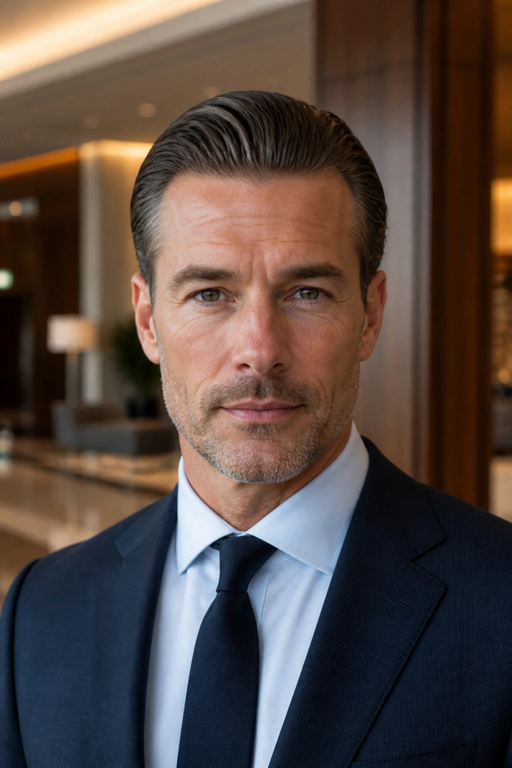 Close-up of a man with an executive slick back hairstyle.