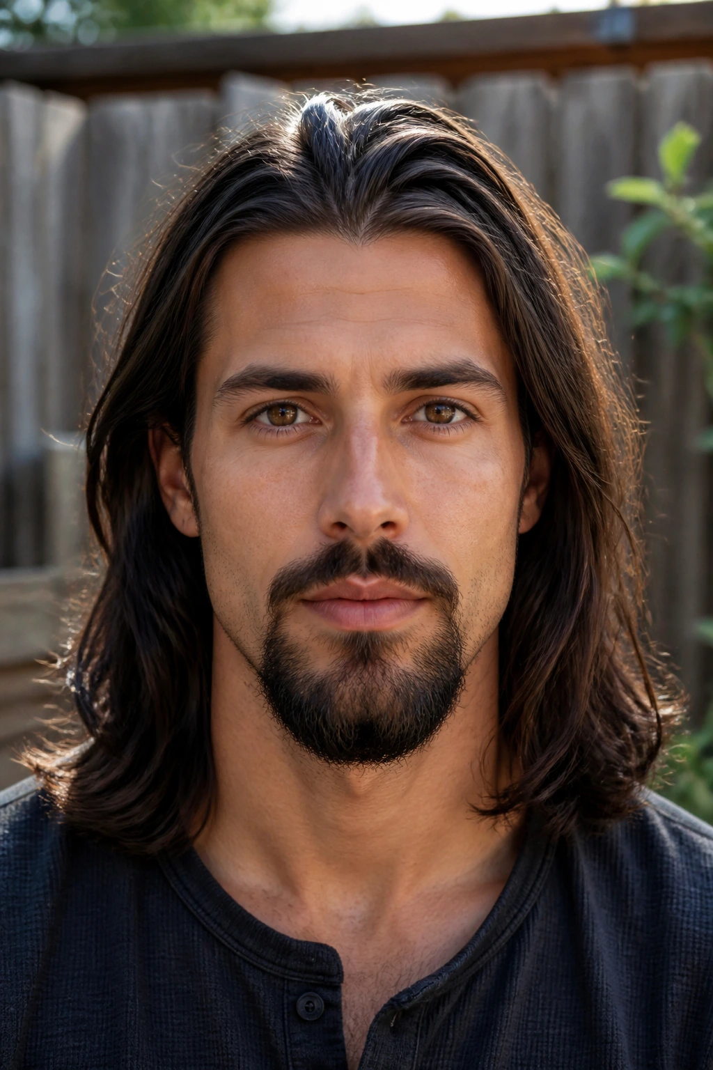 Man with long hair and extended goatee outdoors