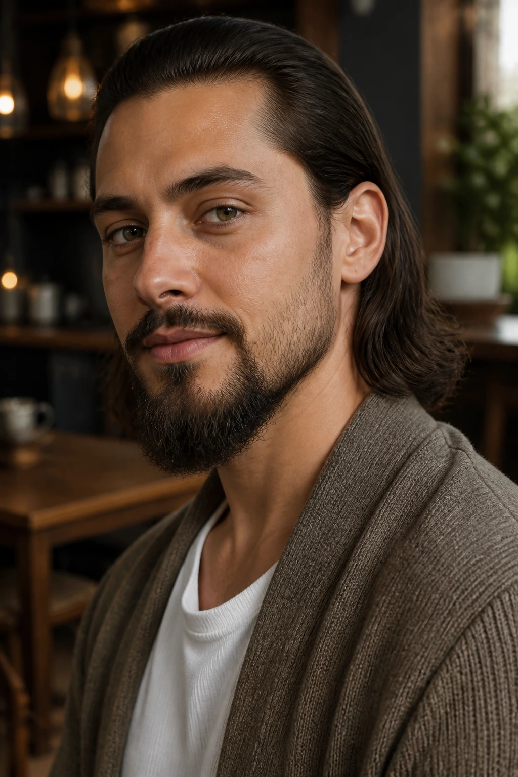 Close-up of a man with extended goatee and long hair tucked behind the ear