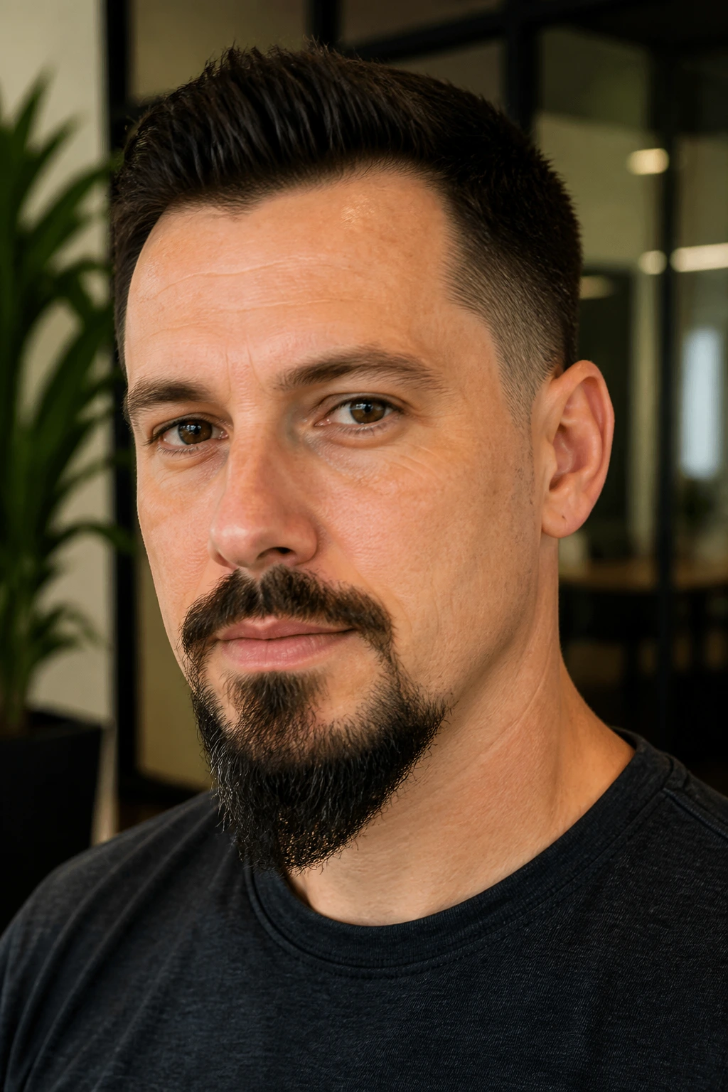 Close-up portrait of a real man with an extended goatee in a modern office
