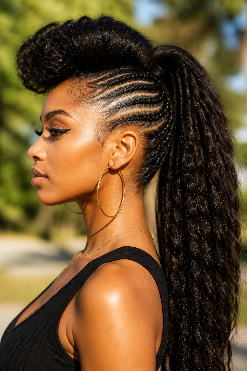 Close-up of Extended-Length Mohawk Ponytail on a real Black woman with a high ridge and long ponytail