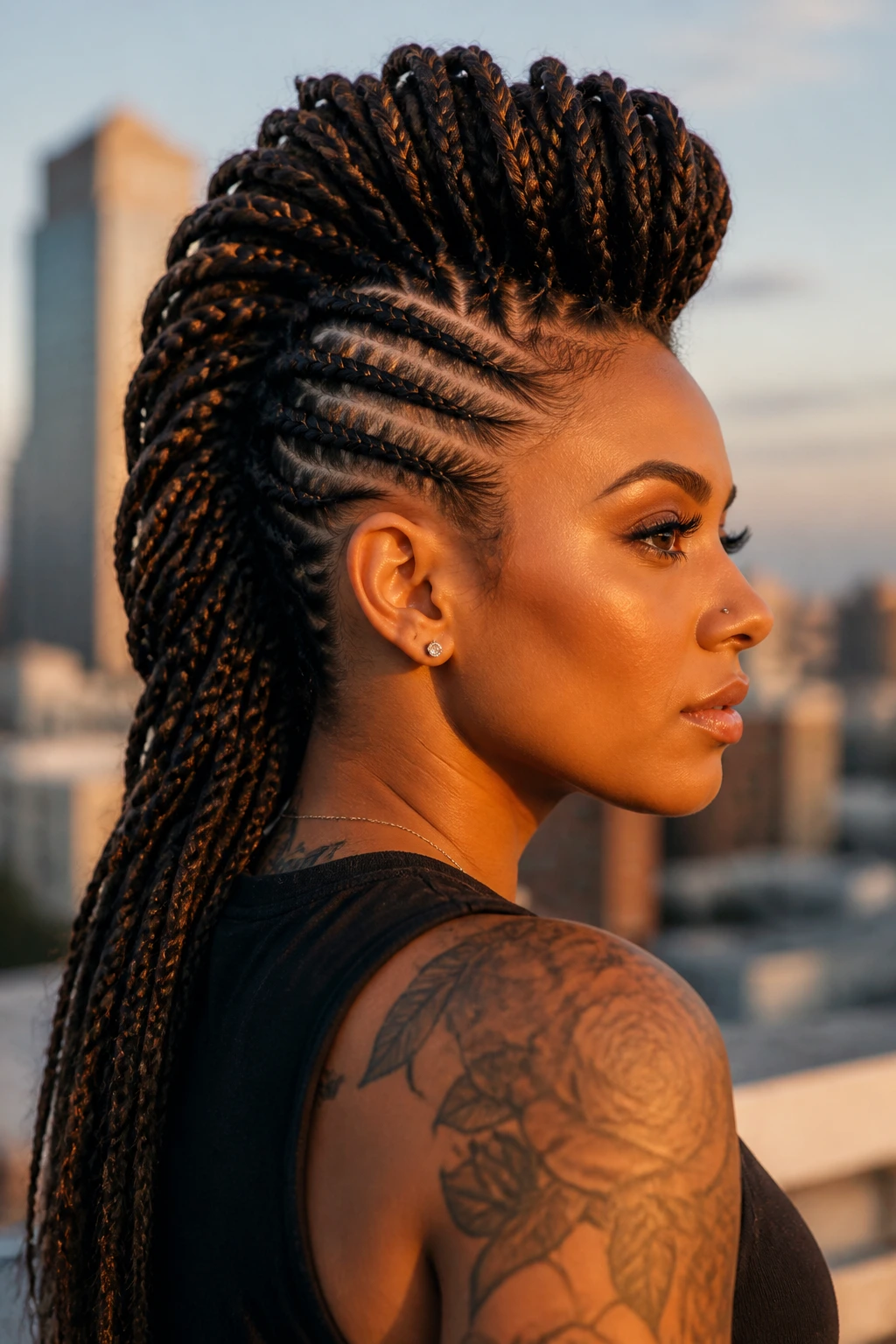 Real woman with extension Mohawk adding height on rooftop at golden hour