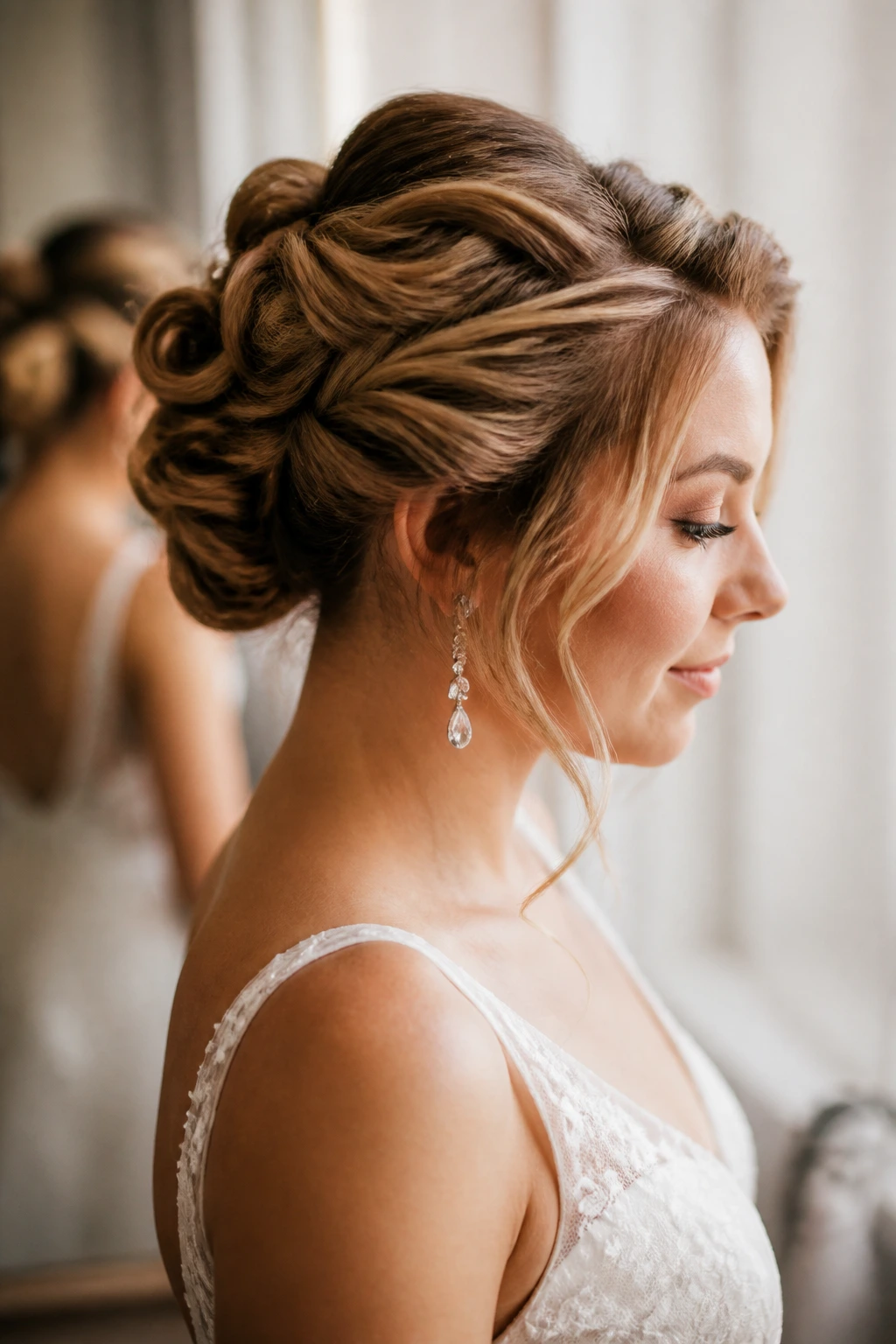 Bride with updo and extensions showing stable, defined shape