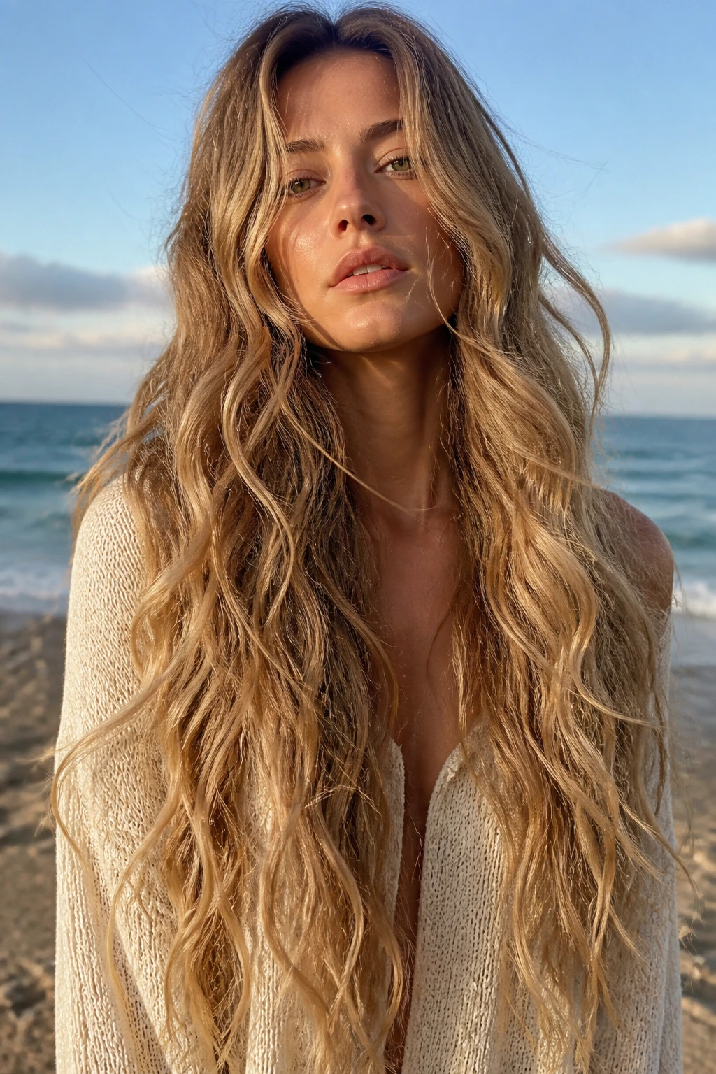 Portrait of a real woman with extra-long boho beach waves